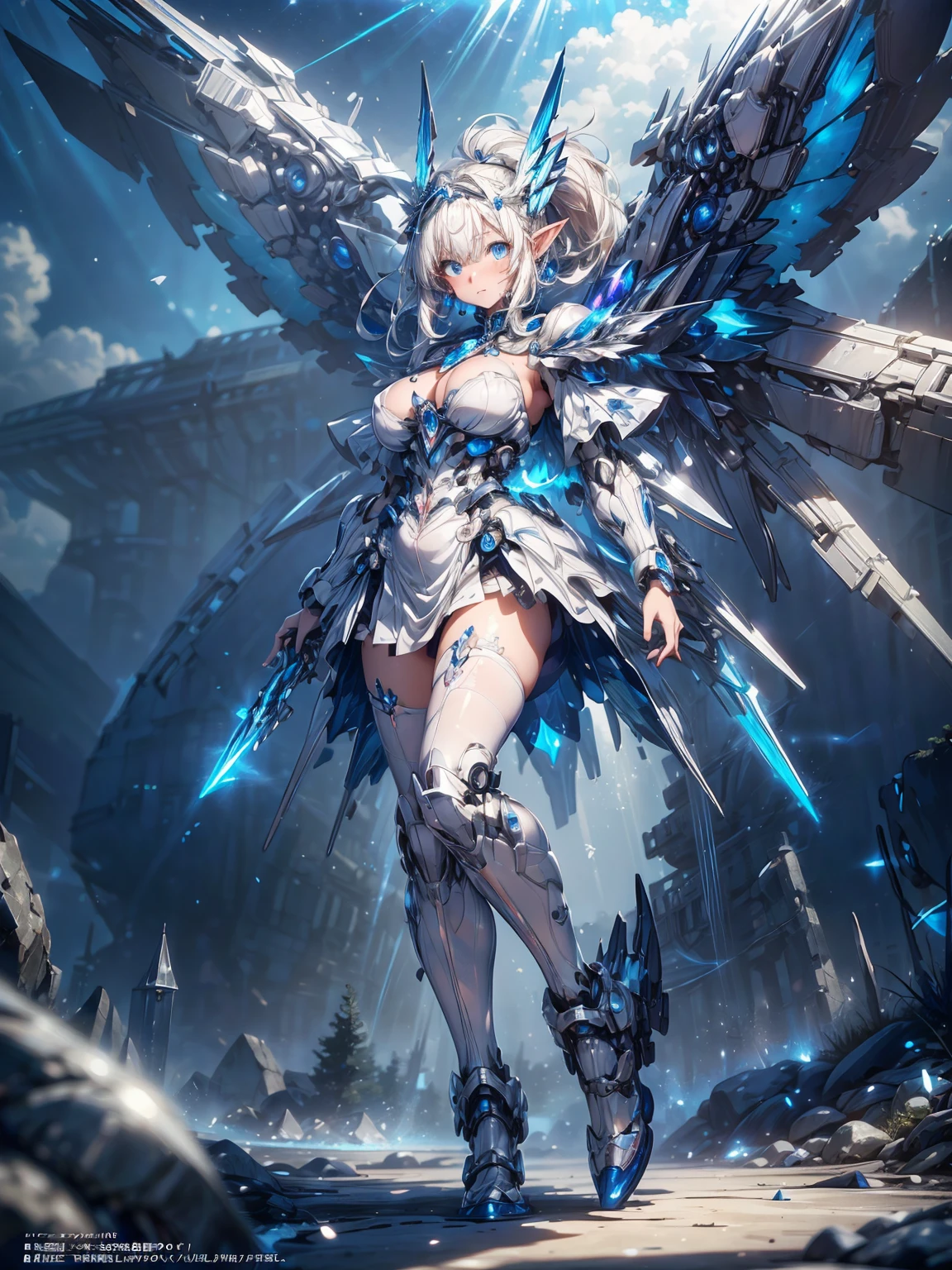 (masterpiece、 highest quality, wonderful, very detailedティッカーユニティ、8k wallpaper, Depth of written boundary, Ultra-fine illustration:1.5)、。.。.。.。.3D, very detailed, (Full body Esbian、Mecha elf girl:1.3), sci-fi battlefield, Hawken, smile, open your mouth、short ponytail hair, (white blonde hair, deep blue eyes:1.2), sparkling eyes, cute顔, cute, big breasts, delicate hair, messy hair、blue sky, White cloud), shiny hair, shiny skin, (Symmetrical mechanical winetallic colored mechanical wings that are widely expanded to the left and right so that they protrude wonderfully from the screen, headgear, white hair ornament), (particles of light, cinematic lighting: 1.3), (pale pink lips: 0.8), by Yusuke Murata.