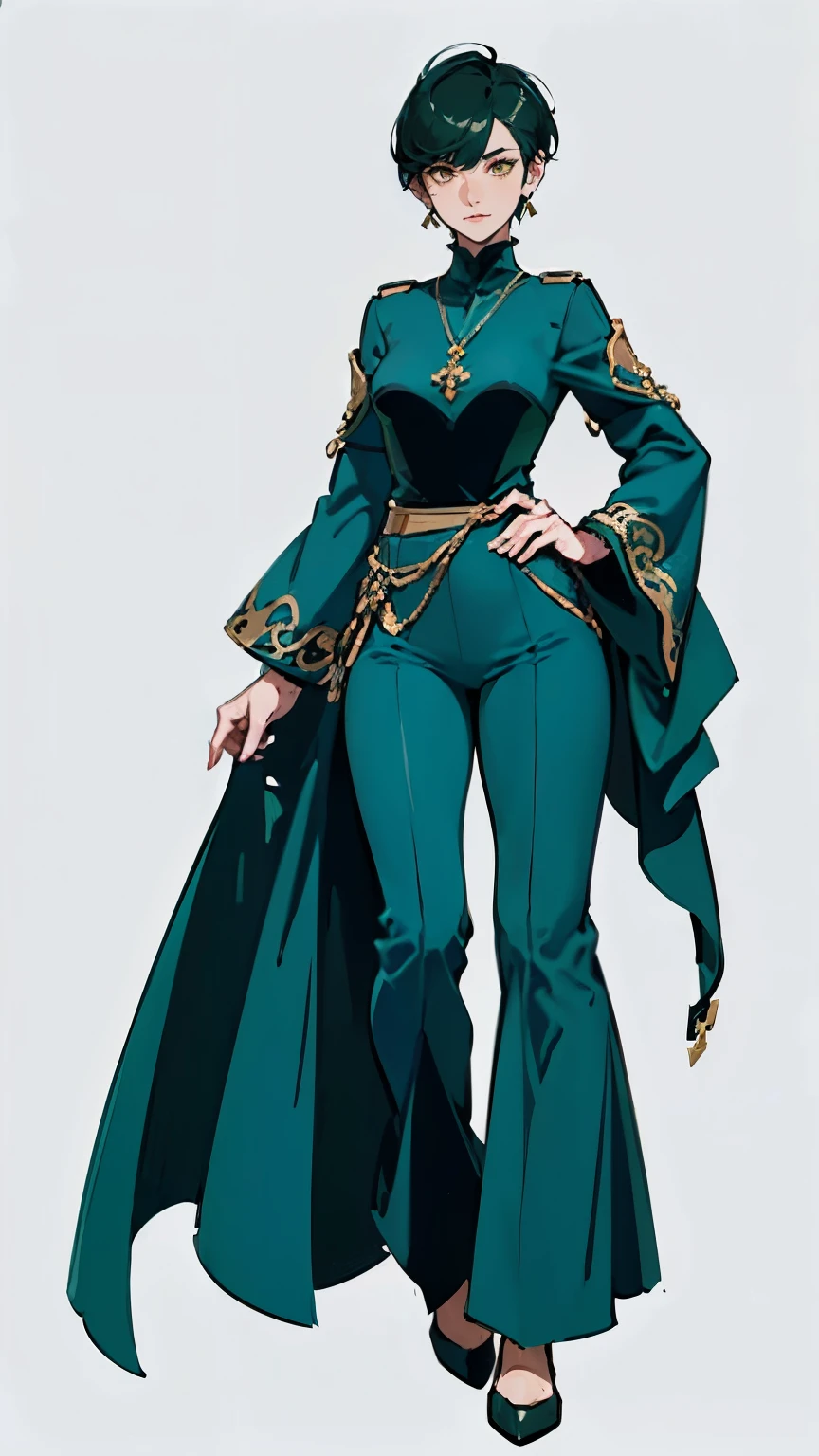 ((masterpiece,best quality,8k,highres)),((character concept art)), 1 female, young adult female, Cult Priest, 170 cm height, extreme short pixie cut hairstyle ((tomboy hairstyle)), (dark green hair colour), ultra finely detailed eyes (yellow eyes colour), extraordinary gorgeous, charming, smirk smile, small breasts, hourglass body shape ((muscular)), ((intricate detail)), super finely detailed hands, ultra finely detailed fingers(((ten fingers))), Cult Priest suit (blue outfit colour), long pants, black high heels, earrings, necklace, (standing still), (full body showcase), (show full body), (no logos on background), (no logo), ((plain background)), ((plain background)), (((empty background)))