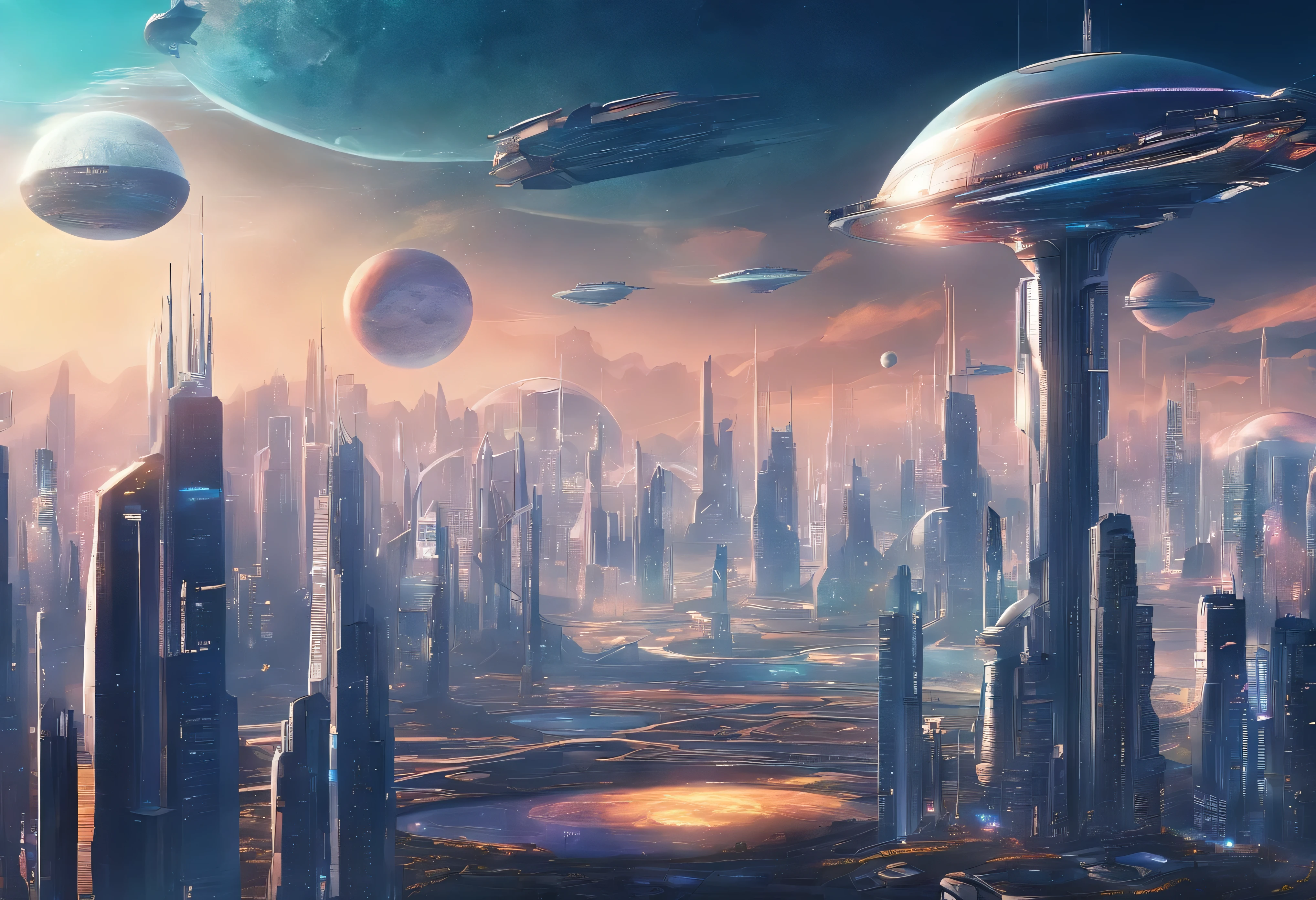 Space City、Futuristic cities、alien、floating in the universe、cyberpunked、skyscrapers line up、A space station、top-quality、masterpiece、24century、dream、utopian、planet earth、World of Dreams、Fantasia、𝓡𝓸𝓶𝓪𝓷𝓽𝓲𝓬、Beautiful city