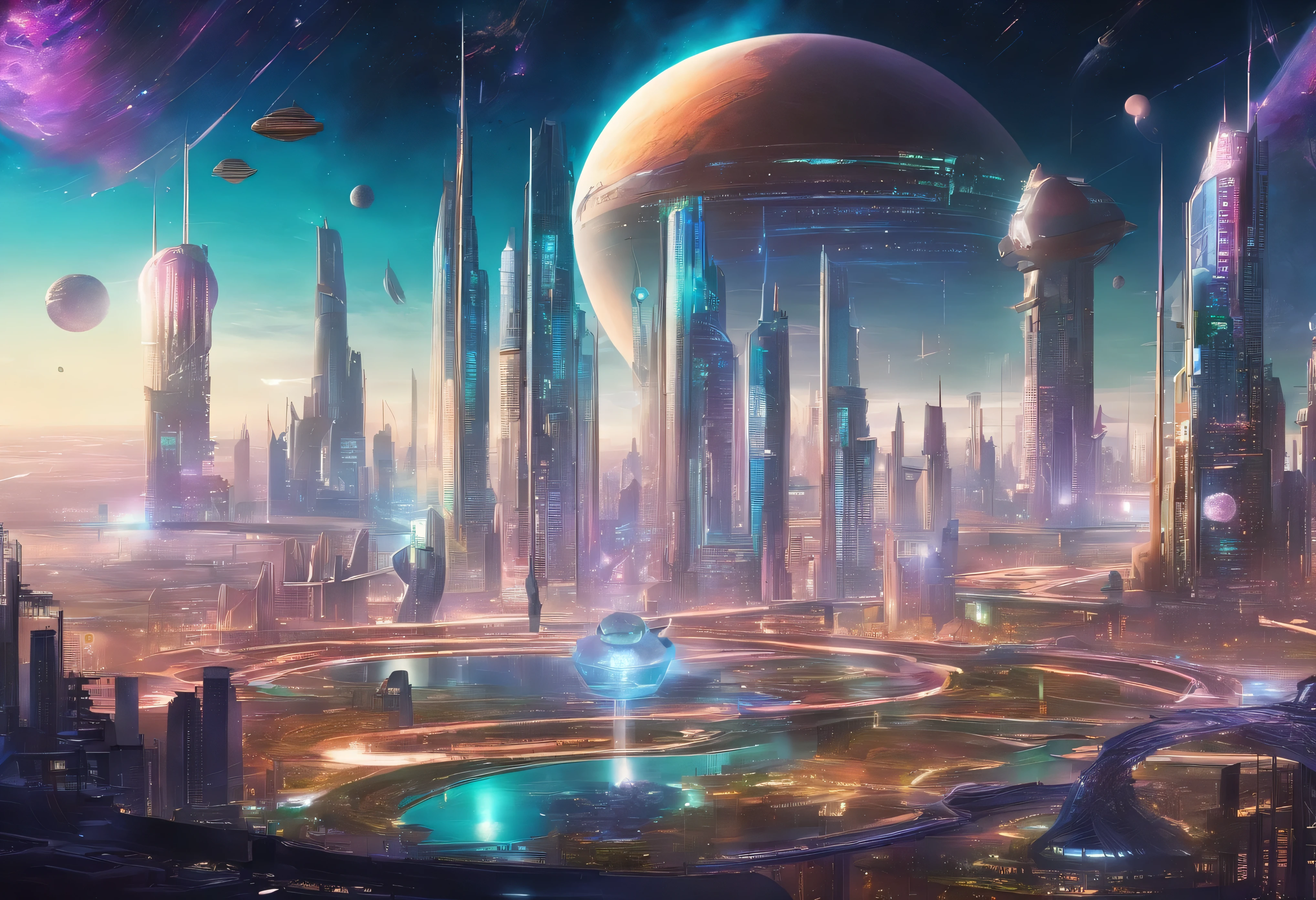 Space City、Futuristic cities、alien、floating in the universe、cyberpunked、skyscrapers line up、A space station、top-quality、​masterpiece、２４century、dream、utopian、planet earth、World of Dreams、Fantasia、𝓡𝓸𝓶𝓪𝓷𝓽𝓲𝓬、Beautiful city