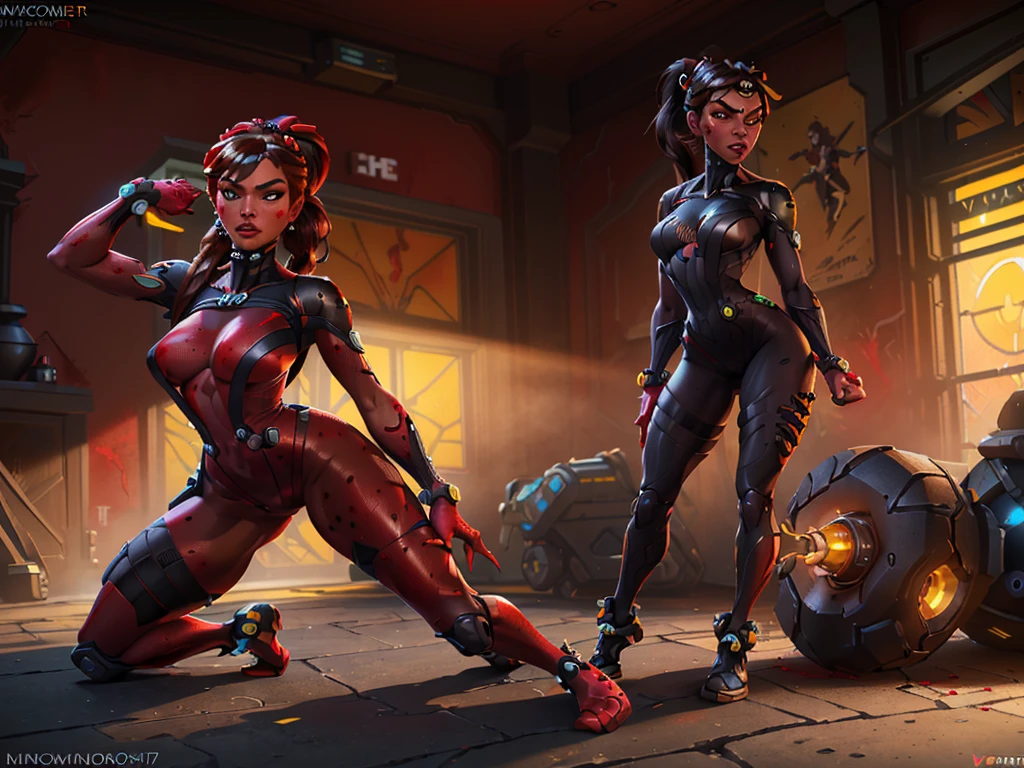 (masterpiece), best quality, ((1 girls)) (cleavage), ultra-realistic, 8k, stunningly beautiful, intricate details, realistic, high saturation,
(Widowmaker_(\overwatch\), black ponytail hair, ((red skin:1.4)), yellow eyes, (black bodysuit:1.1), visor, corneo_widowmaker:0.7,)
(Mercy_(\overwatch\) full body pose