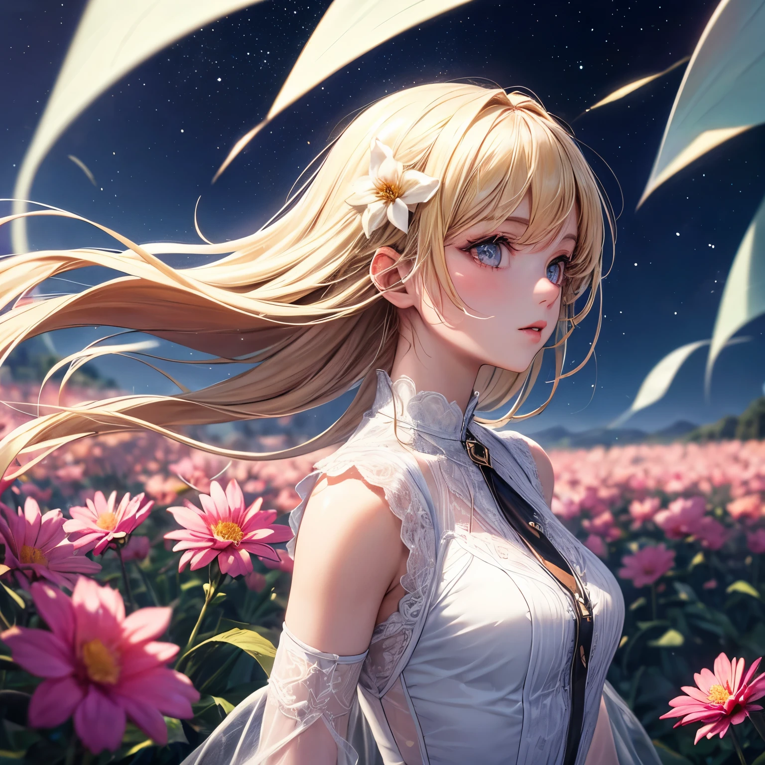 (best quality, masterpiece), 1 girl, posture, particle, wind, flower, Upper body, simple background, looking at the audience, blonde, Milky Way, aesthetic