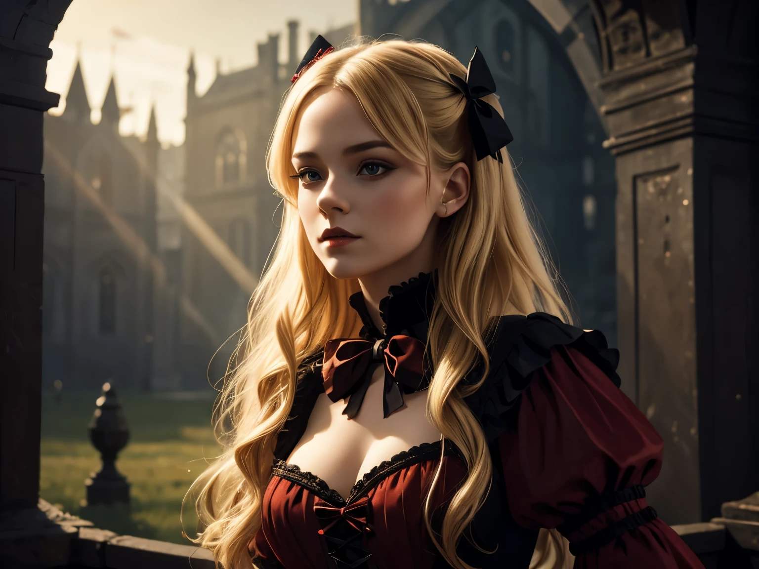 blond girl with red bow in black and red velvet dress, digital art by Hristofor Zhefarovich, shutterstock, gothic art, beautiful fantasy portrait, gothic princess portrait, romanticism portrait, karol bak uhd, beautiful fantasy art portrait, fantasy portrait, elegant victorian vampire, beautiful portrait photo, portrait shot, very beautiful portrait, beautiful portrait