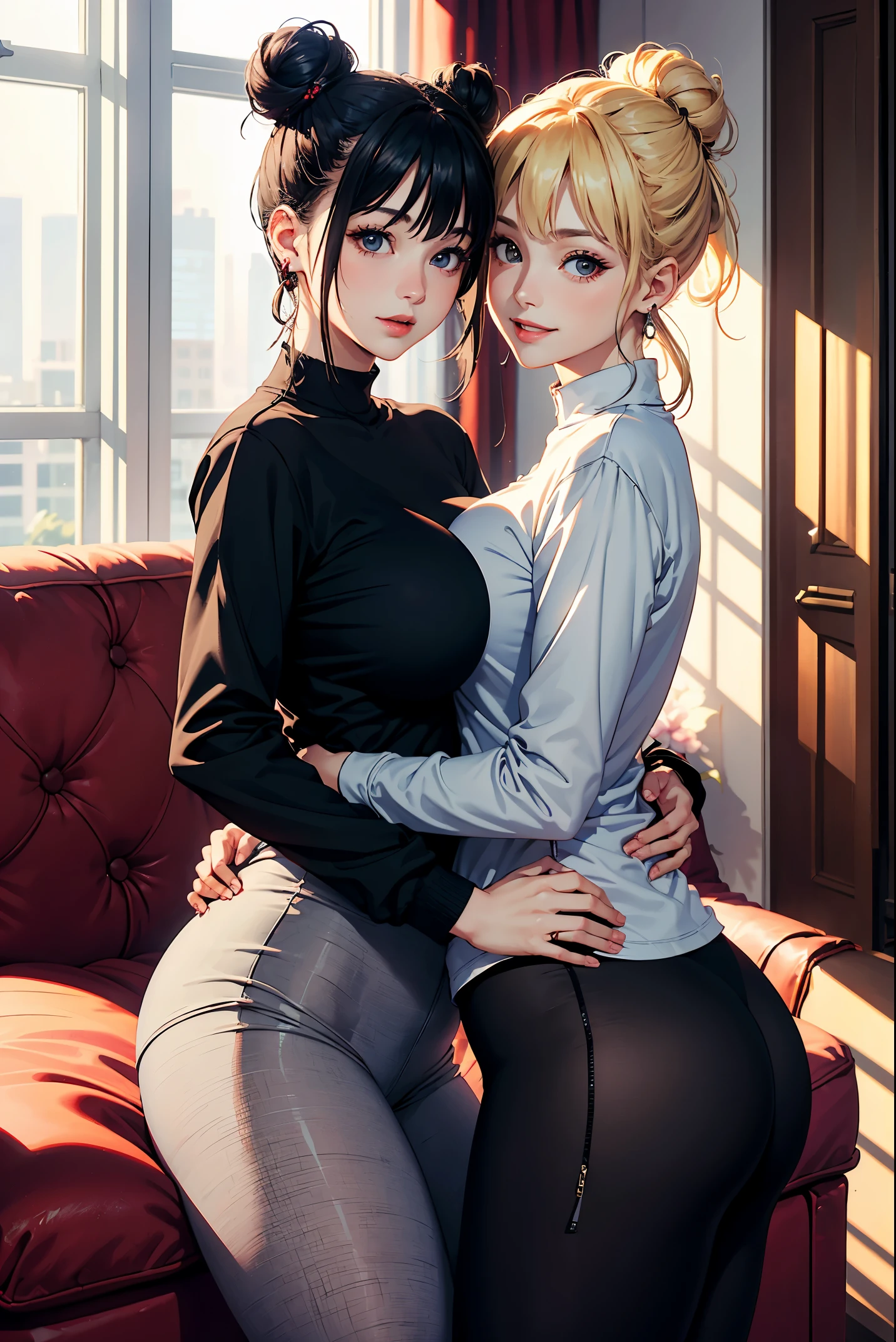 (two women:1.2)、(masterpiece:1.4)、(highest quality:1.4)、ultra high resolution、anime style、beautiful features、blonde bun hair、Black hair bun hair、earrings、Grey long-sleeved T-shirt、black tights、(huge breasts:1.1)、red face、smile、Hugging、luxury room、plush furnishings
