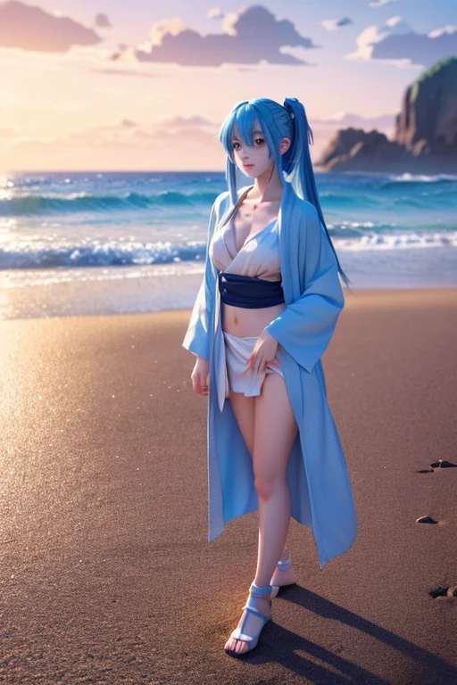 Shark, beautiful girl, blue hair, big breasts, wearing a bare-chested kimono, sexy post,by Ocean.