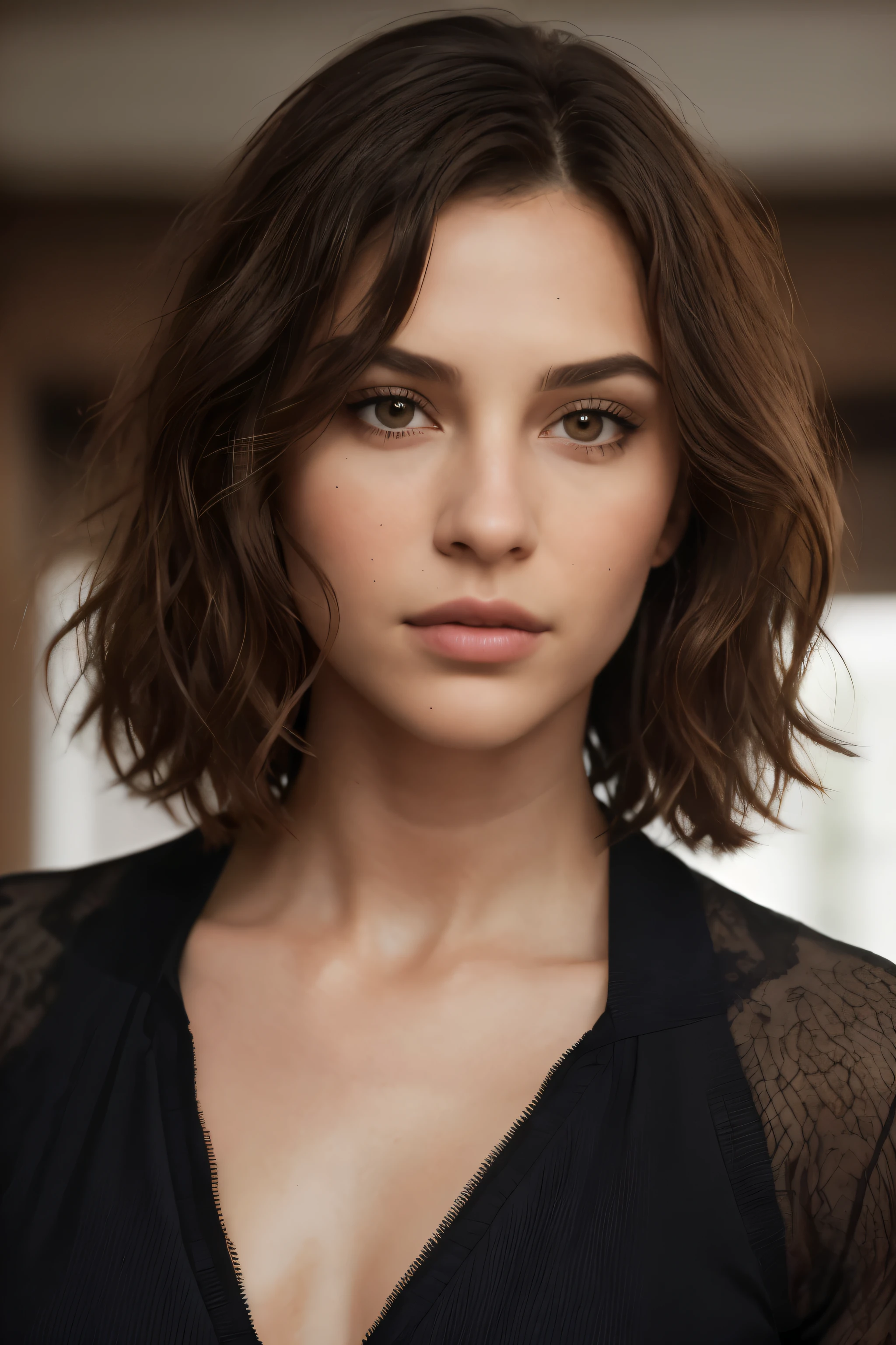 Photo cinématographique à couper le souffle d&#39;une jeune fille de 30 ans avec des cheveux bruns et des yeux marrons, expression sérieuse, beau lips, détails complexes, faible profondeur de champ, très détaillé, film hollywoodien à gros budget, épique, beau, grain filmique, chef-d&#39;œuvre, Primé, professionnel, très détaillé, texture de peau détaillée, (rougir: 0.5), (chair de poule: 0.5). (la plus belle femme du monde) (cheveux bruns) (cheveux courts et bouclés, les cheveux sauvages, coupe élégante) visage hacher, nez fin, beau, très beau, Parfait face, hacher body (hacher), (cheveux bruns) (yeux marrons ) (peau blanche) beau corps, C&#39;est l&#39;ouest, yeux prédateurs, lèvres roses, cuisses épaisses. tout le corps, beauté occidentale, nez fin, beau, Parfait, ((meilleure qualité)), ((ultra résolution)), ((photoréaliste: 1.4)), (détails complexes), Parfait face, Se maquiller: 1.5 , Visage clair, Détails du visage. vue de face ((costume noir, uniforme noir, Vêtements tactiques, déguisement d&#39;espion))