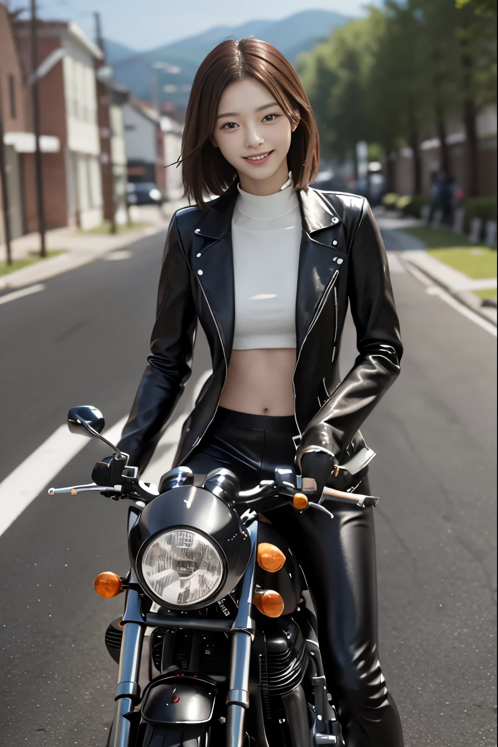 Sharp and clear images、top model photos、Riding a white streamlined motorcycle in a leather suit、smile