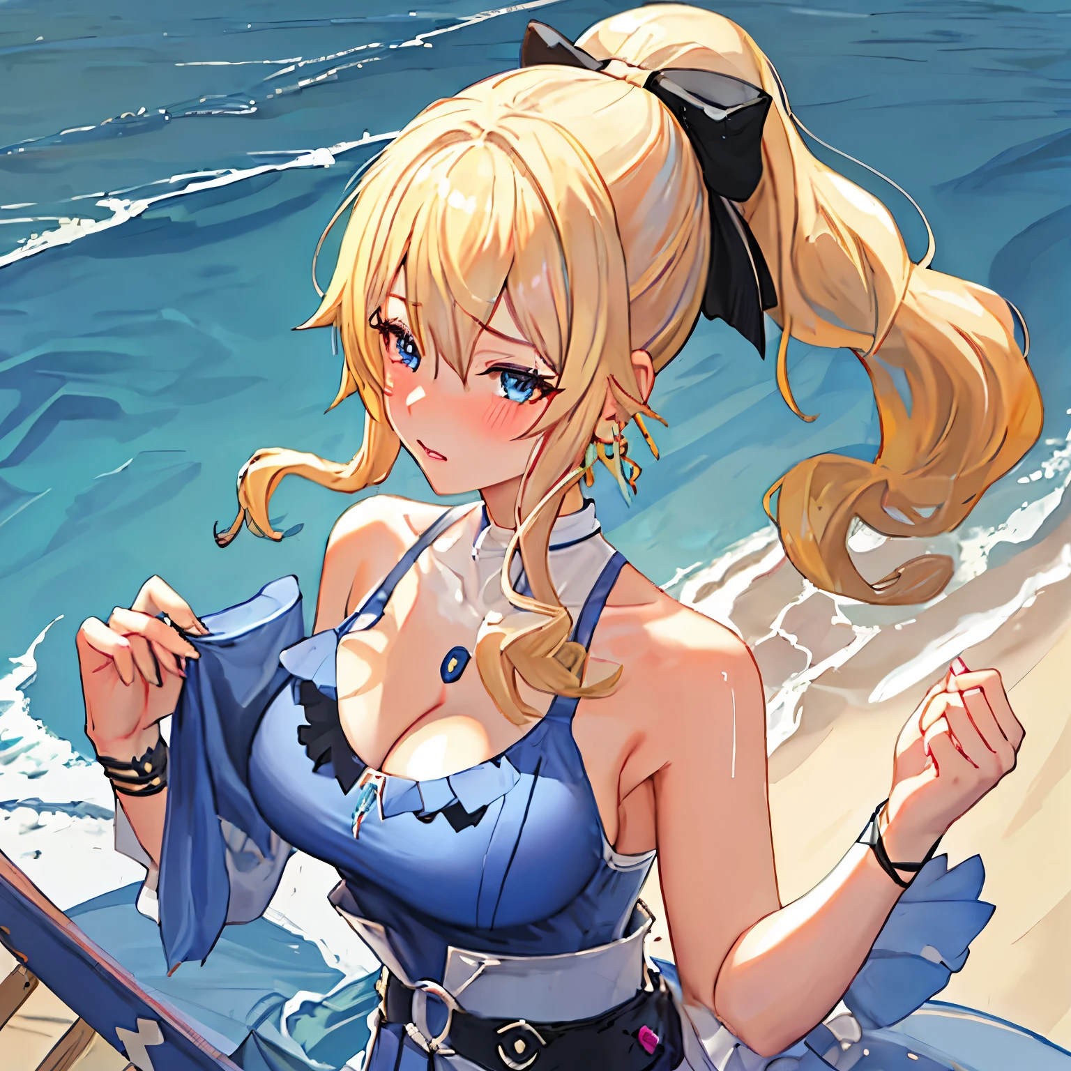 best quality, masterpiece, High resolution, alone, {Gene_Genshin:1.15}, blonde_hair, blue_Eye, Bangs, ponytail, long_hair, side lock, breast, hair_between_Eye, hair_bow, blush, big deal_breast, 1 woman, sleeveless, whole body,On the beach,clothing_bikini,High definition,Mature and sexy body
