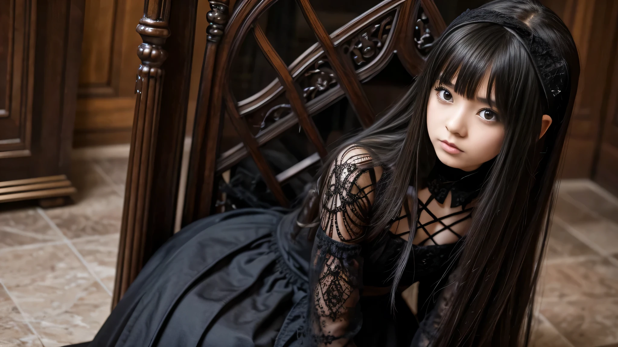 girl long hair, with symbolic gothic net clothing, 。um close em um trono.