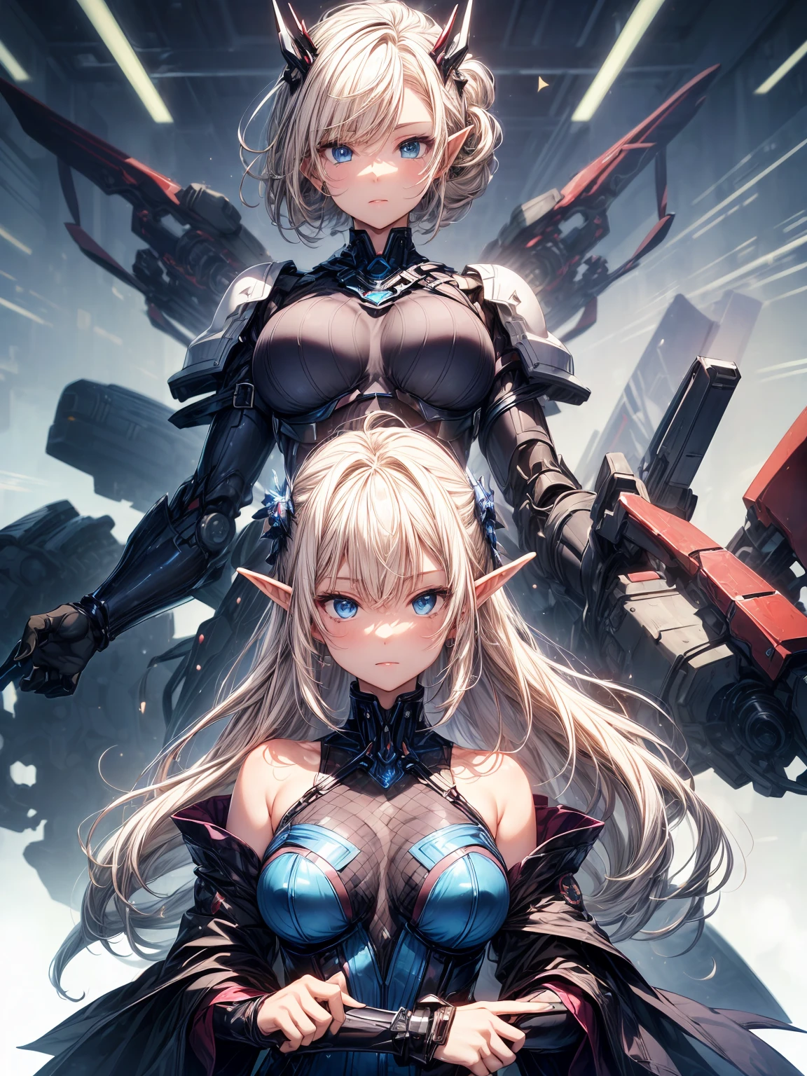 (masterpiece、highest quality,  very detailedティッカーユニティ、8k wallpaper, Depth of written boundary, Ultra-fine illustration:1.5)、。.。.。.。.3D, very detailed, (Full body Esbian、Mecha elf girl:1.3),  battlefield, Hawken, shy smile, open your mouth、short ponytail hair, (white blonde hair, deep blue eyes:1.2), sparkling eyes, cute type face, cute type, big breasts, delicate hair, messy hair、shiny hair, shiny skin,white hair ornament), (particles of light, pale pink lips: 0.8), by Yusuke Murata.