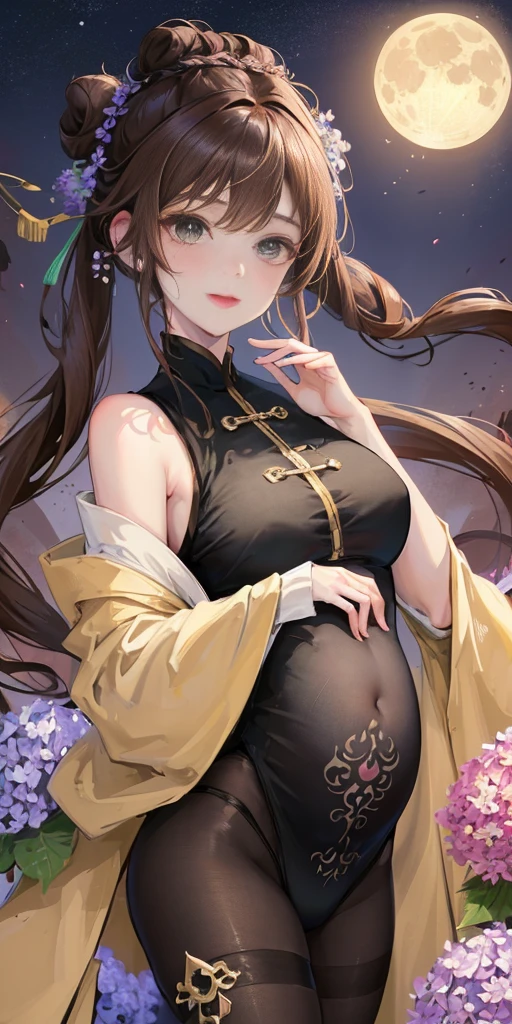 masterpiece, best quality, night, full moon, 1 girl, mature woman, Chinese style, China, elder sister, Royal sister, Smile, brown hair, princess cut, Single twist braid, bun hair, Double ball head, Light pink lips, calm, intellectuals, Zhongfa, Green eyes, hairpin, hydrangeas,pregnancy，Black tights