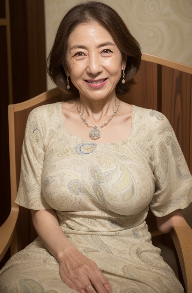 (masterpiece, highest quality), japanese mature, (alone), 60 years old, (wrinkles around the eyes:1.45), (Nasolabial fold at the mouth:1.3), big breasts, mature woman, Glamour, Sexy, pure white skin, looking at the viewer、(((super big breasts:1.28)))、long hair、small diamond necklace、earrings、(((paisley pattern dress)))、high heels、smile、Public place、cross your legs、sit on a chair、full body photo、