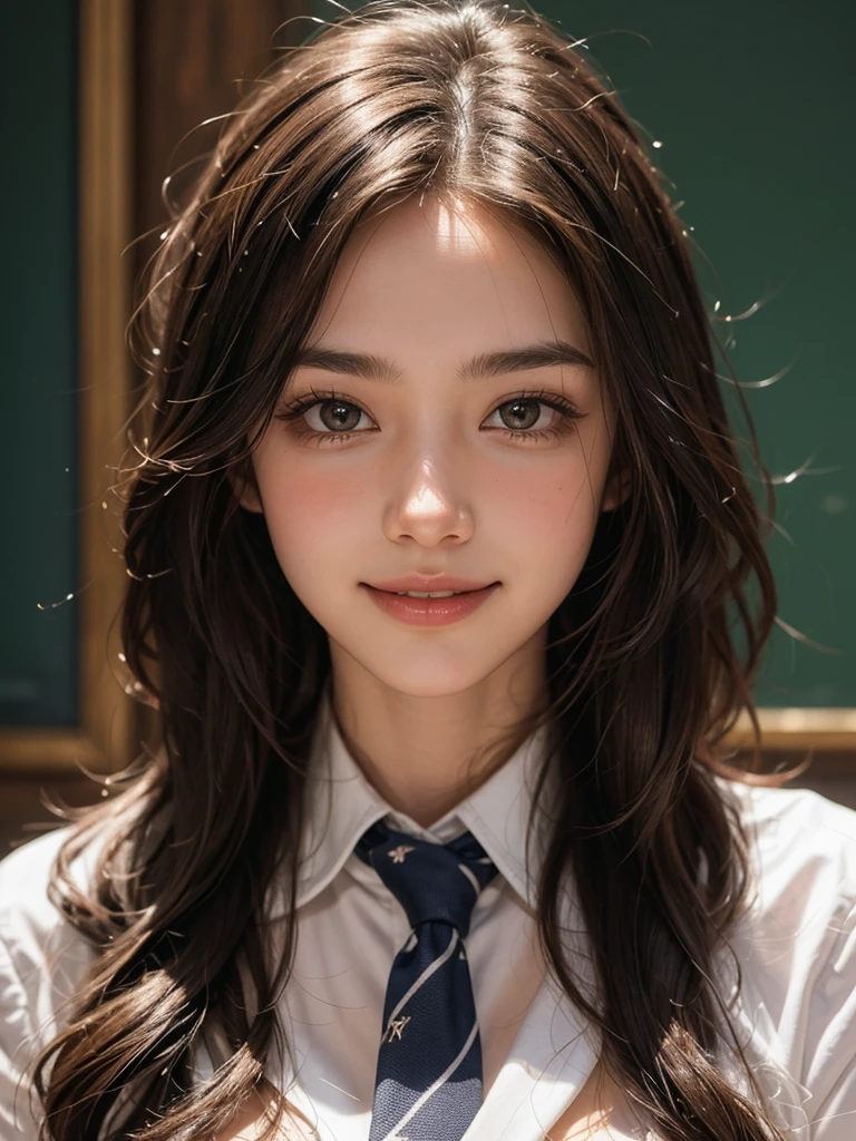 (Masterpiece, Best Quality, Illustration, Ultra-detailed, finely detail, Hight resolution, 8K Wallpaper, Perfect dynamic composition, cinematic lighting, portrait, looking at viewer, Beautiful detailed eyes, Sexy face, Perfect beautiful hands, Raw real photos, beautiful realistic face, beautiful face, perfect face, highly detailed beautiful face and eyes, attractive face, detailed face, delicate facial features, detailed skin, shiny skin), (full-face blush, smile:1.3), (school tie, gyaru makeu, gigantic breasts:1.3),