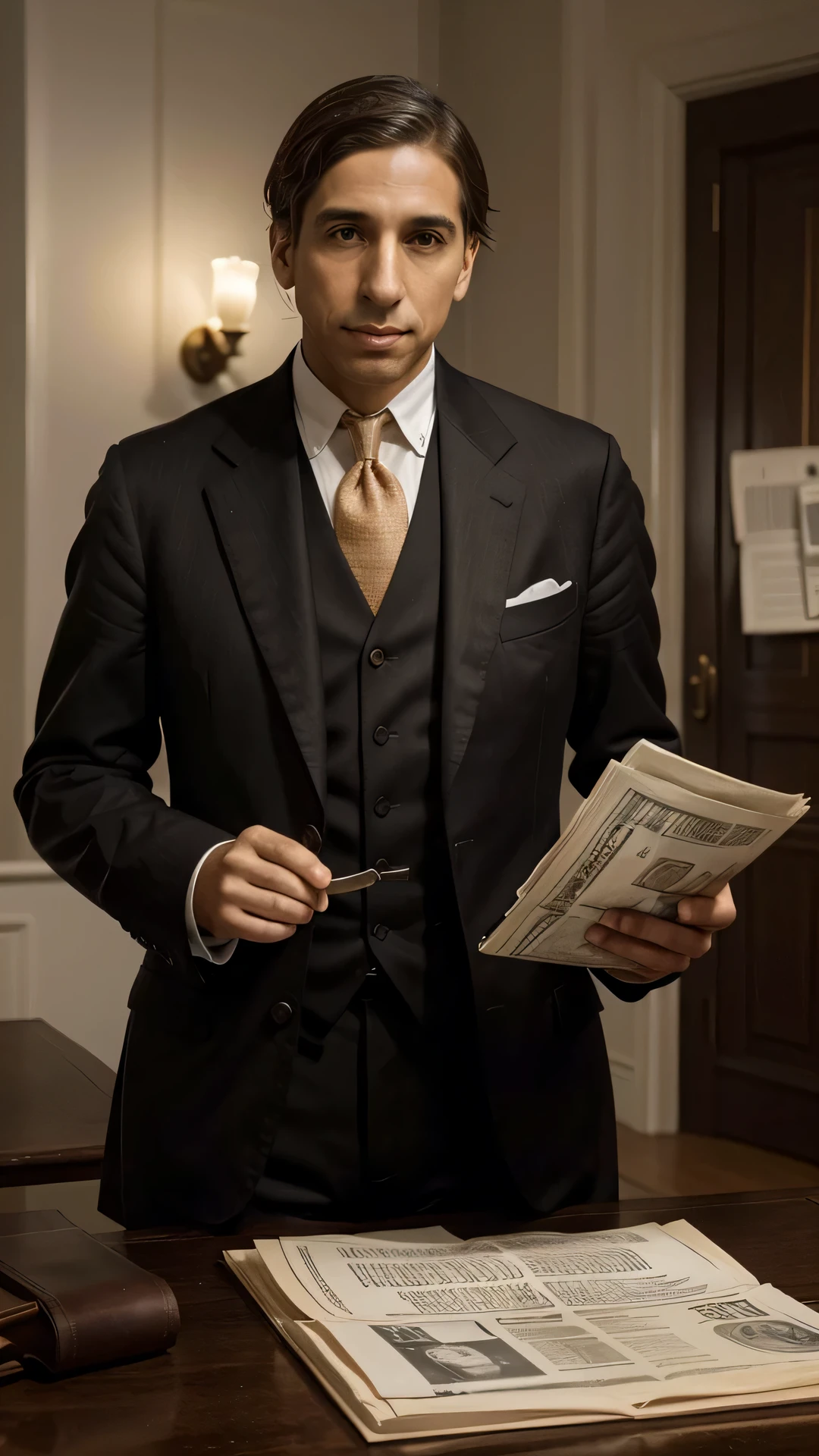 Create a captivating and historically accurate image of Charles Ponzi, the infamous figure known for his financial schemes, during the early 20th century. Envision Ponzi in a setting that reflects the financial world of the time, perhaps in a well-appointed office or in a scene where he is interacting with investors. Pay attention to details such as his attire, facial expressions, and the ambiance of the environment. Consider incorporating elements that allude to the financial schemes for which he became notorious, such as stacks of investment documents or financial newspapers. Craft an image that captures the charisma and intrigue surrounding Charles Ponzi during the height of his notoriety in the early 20th century.