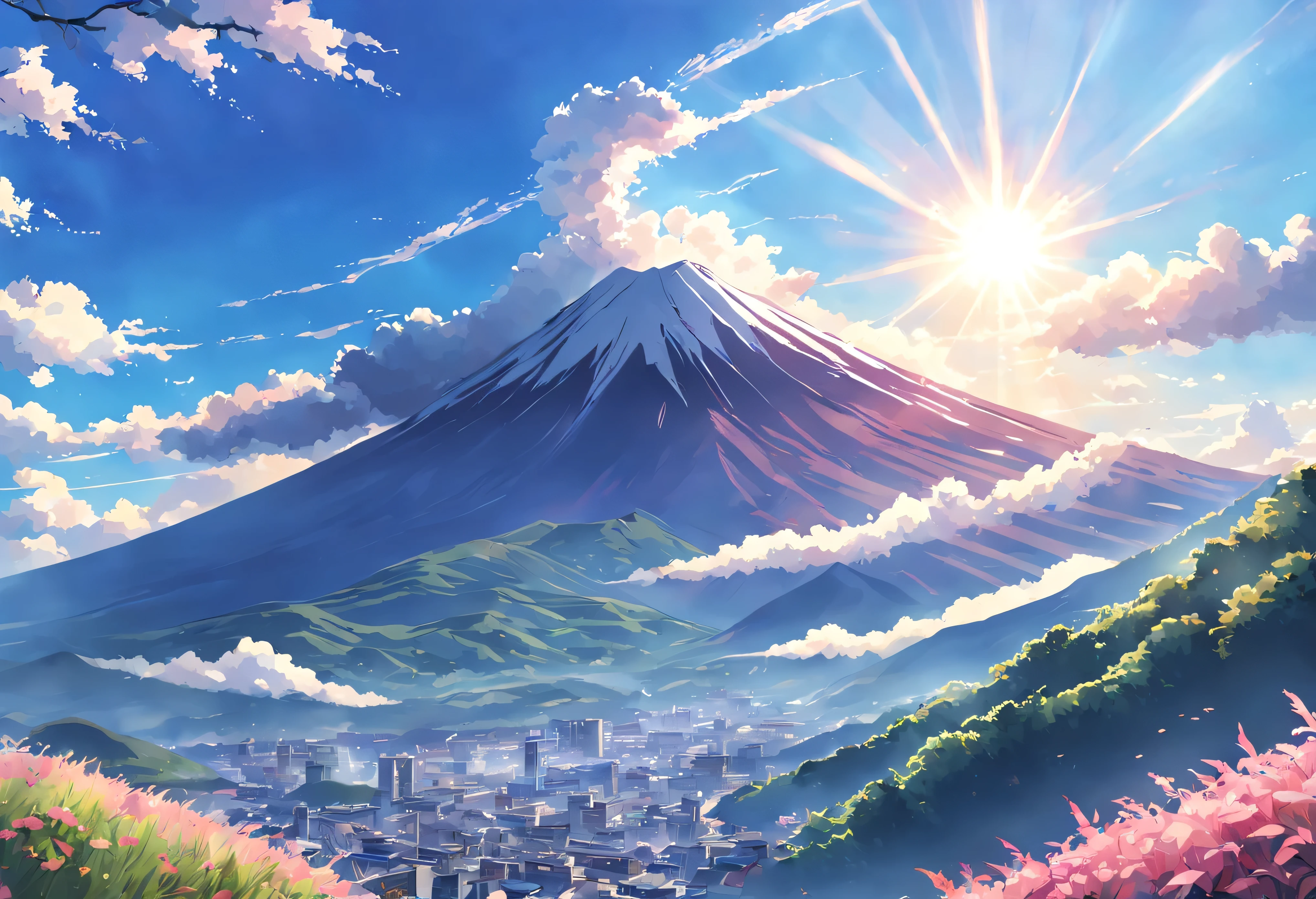 anime, Fuji Mountain, sunlight, (best composition), (Masterpiece), (Best Quality), (Ultra high Detailes)