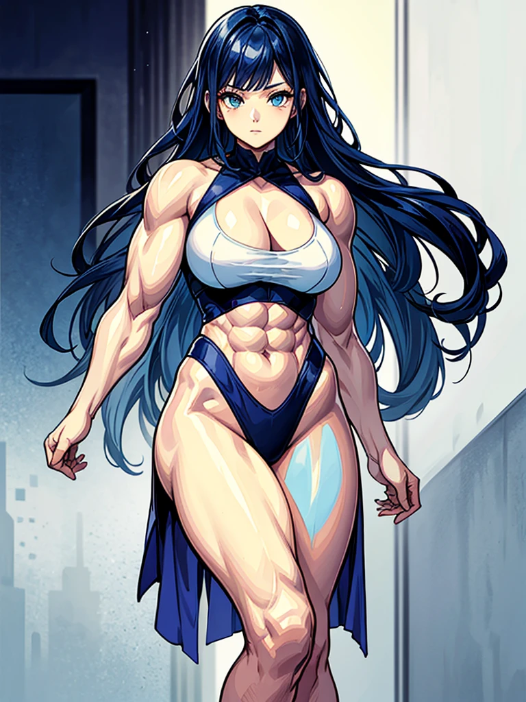 （（（masterpiece、Highest image quality、highest quality、highly detailed unity 8ｋwallpaper）））、（（Illustration of one girl））、（（（beautiful girl）））、blue hair、stocky build, thickset physique：1.3, muscular legs, broad shoulders, solid chest、white clothes