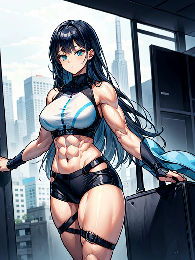 1girl, solo, anime style, 4k quality, masterpiece, best quality, young , cute, yui, long hair, blunt bangs, hime cut, black hair, long hair, high ponytail, hair scrunchie, black eyes, flat chest, bare legs, Fingerness Gloves, black ankle support, toeless legwear, muscular, muscular female, Female Bodybuilding Style, bodybuilder, muscular, hyper muscles, muscular abs, muscular arms, muscular legs, muscular neck, muscular pecs, muscular shoulders, muscular thighs, shiny skin, tsuchimiya, competition swimsuit, one-piece swimsuit, black one-piece swimsuit, highleg swimsuit , skin tight, shiny clothes, no pants, full body, smile, closed, mouth, sitting, from side, (injection tubes:1.2), (injection tubes connecting to arms legs and shoulders:1.1), glowing blue tubes, tubes piercing body, tube sockets on skin, steaming body, veins, trembling body, tubes piercing shoulders, tubes piercing arms, tubes piercing legs, negative_hand, easynegative, wide shot, laboratory, Science Fiction