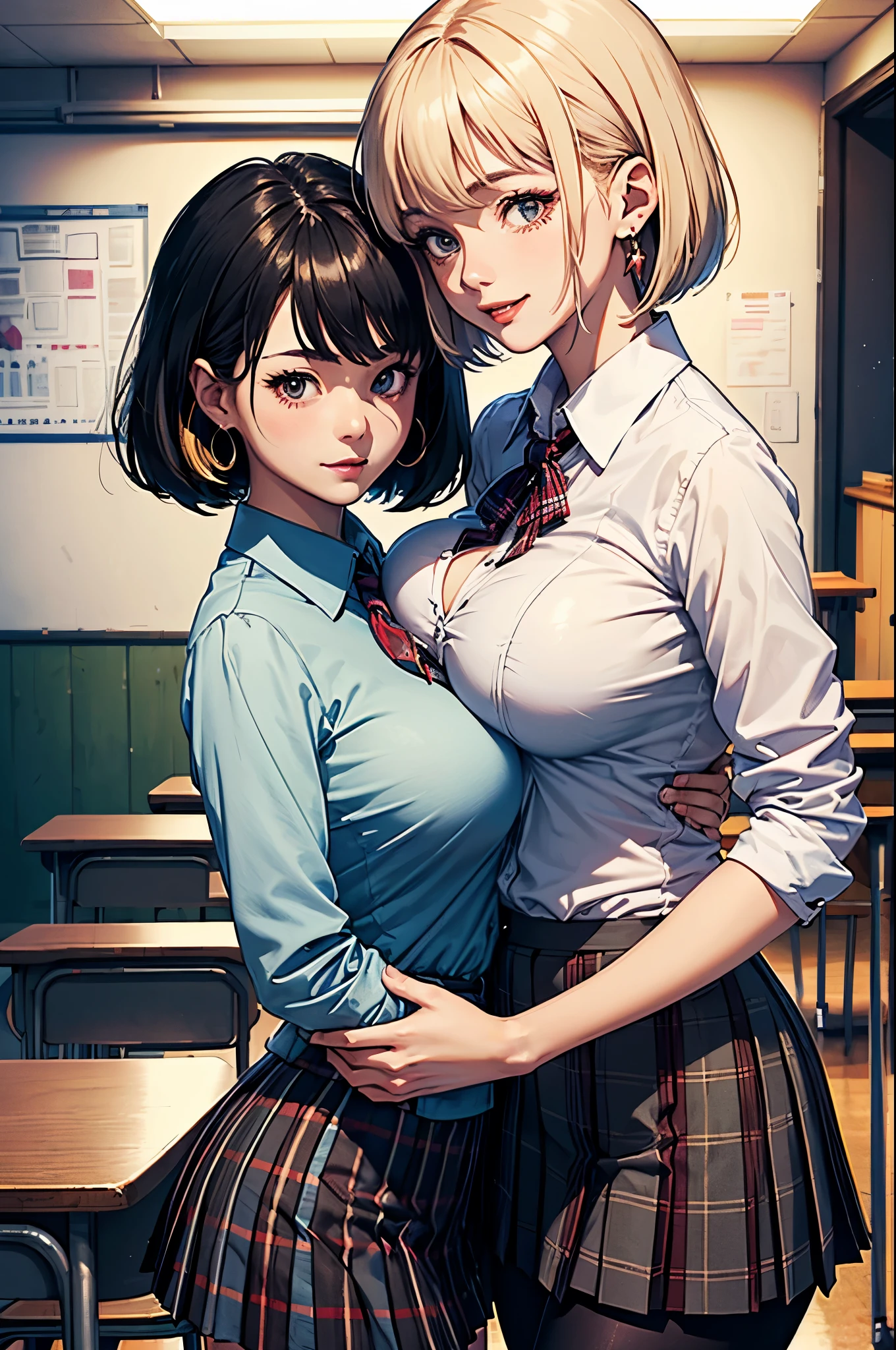 (two women:1.2)、(masterpiece:1.4)、(highest quality:1.4)、ultra high resolution、anime style、beautiful features、blonde short bob、black short bob、earrings、Gray collared shirt、Plaid pleated skirt、black tights、(huge breasts:1.1)、red face、smile、Hugging、classroom