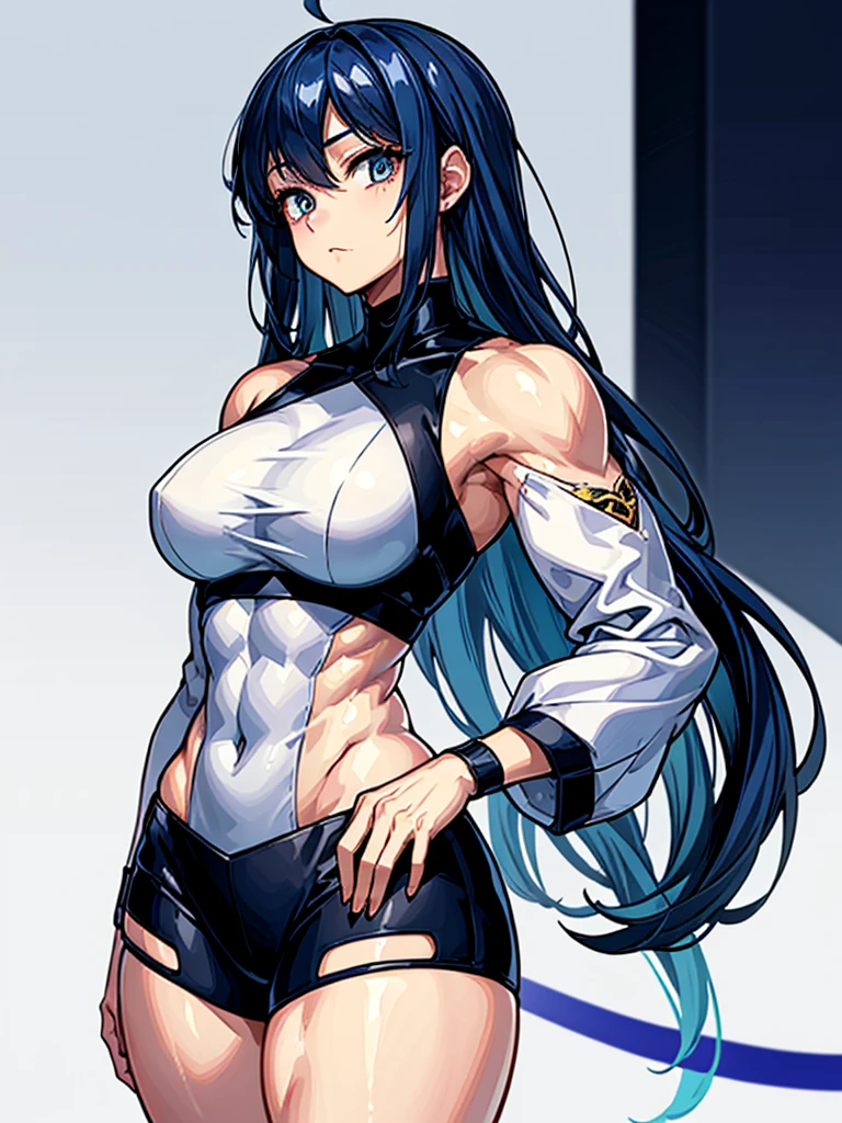 （（（masterpiece、Highest image quality、highest quality、highly detailed unity 8ｋwallpaper）））、（（Illustration of one girl））、（（（beautiful girl）））、blue hair、stocky build, thickset physique：1.3, muscular legs, broad shoulders, solid chest、white clothes