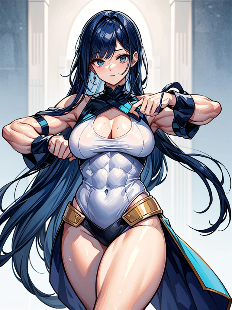 (((masterpiece、Highest image quality、highest quality、highly detailed unity 8kwallpaper)))、((Illustration of one girl))、(((beautiful girl)))、blue hair、stocky build, thickset physique:1.3, muscular legs, broad shoulders, solid chest、white clothes