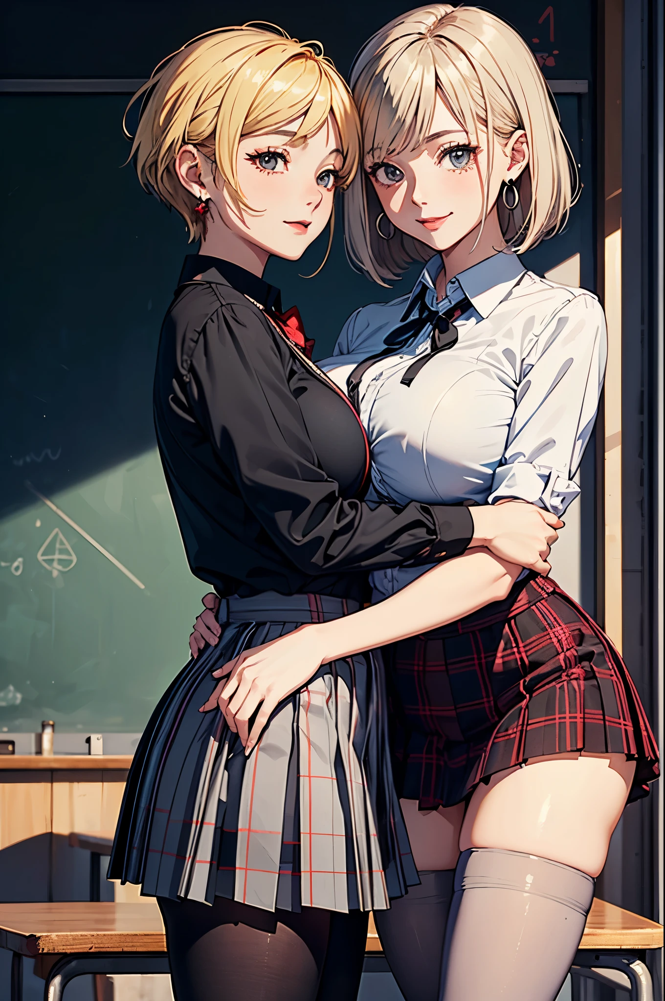 (two women:1.2)、(masterpiece:1.4)、(highest quality:1.4)、ultra high resolution、anime style、beautiful features、blonde short bob、black short bob、earrings、Gray collared shirt、Plaid pleated skirt、black tights、(huge breasts:1.1)、red face、smile、Hugging、classroom