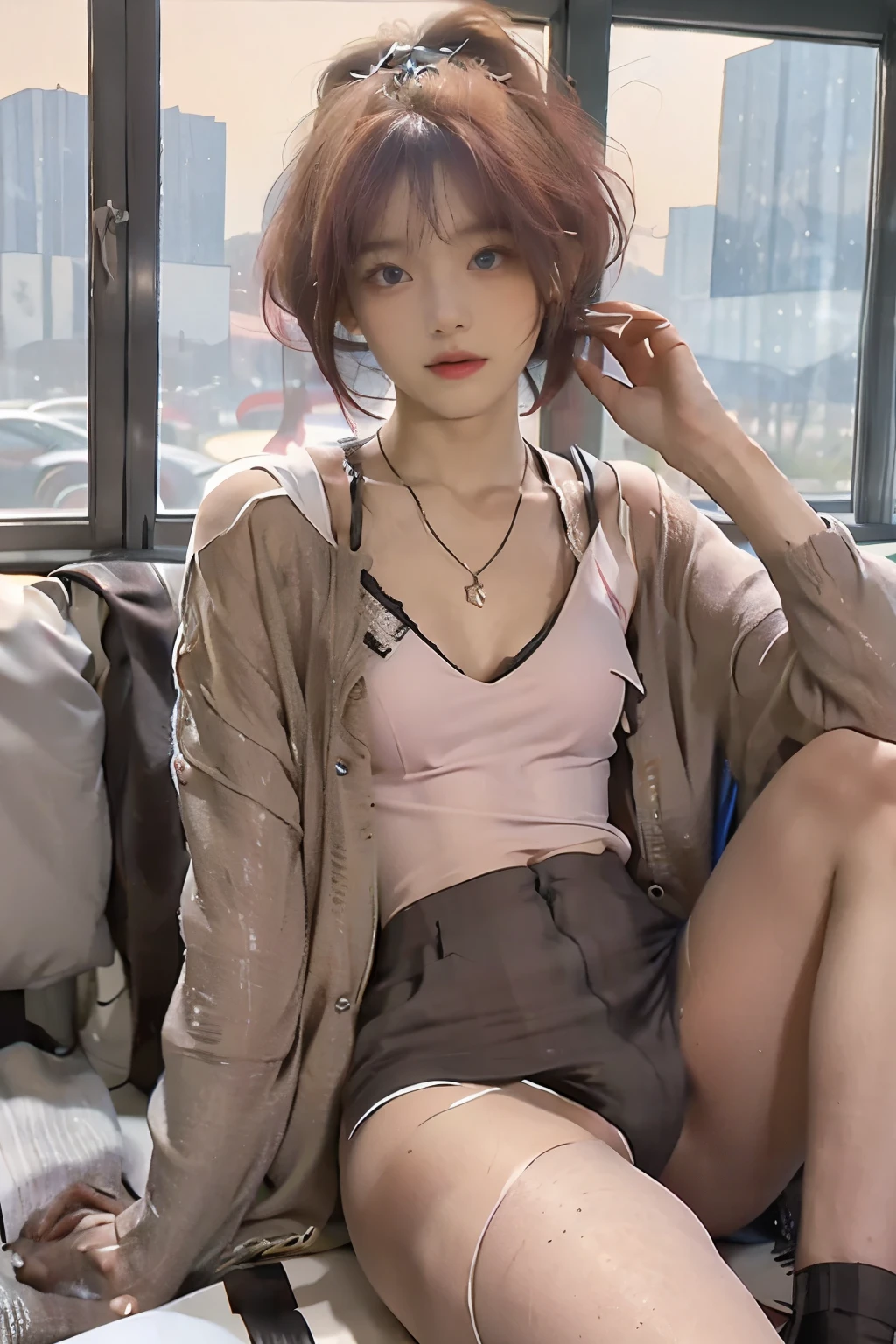 20yo woman, (masterpiece: 1.4), (8K, reality, original photo, best quality: 1.4), Japan, (1 girl), beautiful face, (Real faces: 1.4), (pink hair, short hair: 1.3), hairstyle, Realistic blue eyes, beautiful details eyes, (reality皮肤: 1.3), beautiful skin, Attractive, ultra high resolution, Super realistic, HD, golden ratio, (Detailed face: 1.4), (Japan演员: estuary), Sheer vest,粉色short hair,White透明,White,NSFW,big,big屁股强调,The nipple areola is clearly shaped,looking into camera,Sitting on the sofa,pubic shape is transparent and clear,posture(Bend your knees and legs open)