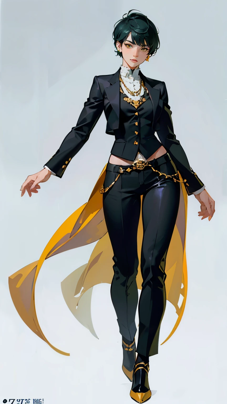 ((masterpiece,best quality,8k,highres)),((character concept art)), 1 female, young adult female, Cult Priest, 170 cm height, extreme short pixie cut hairstyle ((tomboy hairstyle)), (dark green hair colour), ultra finely detailed eyes (yellow eyes colour), extraordinary gorgeous, charming, smirk smile, small breasts, hourglass body shape ((muscular)), ((intricate detail)), super finely detailed hands, ultra finely detailed fingers(((ten fingers))), Cult Priest office blazer,vest,shirt (black outfit colour), long pants, black high heels, earrings, necklace, (standing still), (full body showcase), (show full body), (no logos on background), (no logo), ((plain background)), ((plain background)), (((empty background)))