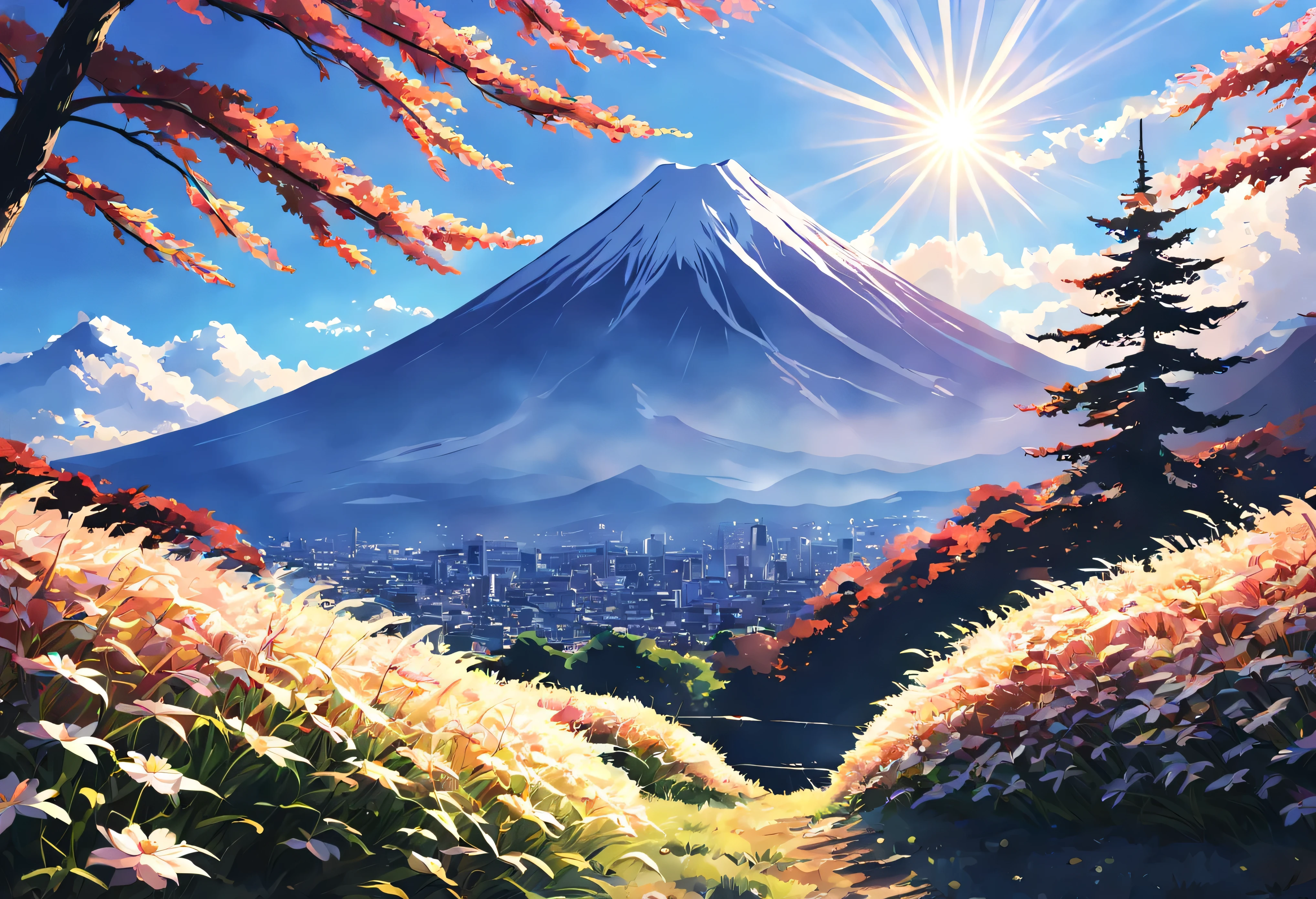 anime, Fuji Mountain, sunlight, (best composition), (Masterpiece), (Best Quality), (Ultra high Detailes)