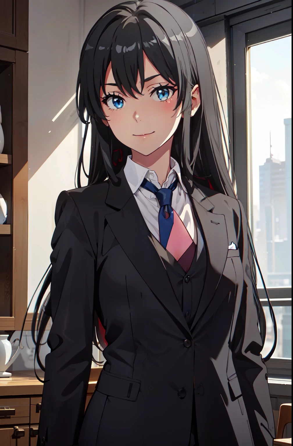 ((best quality)), ((masterpiece)), (detailed) 1girl 1girl, ;\), blurry, blurry_background, breasts, , hair_long , looking_at_viewer, ok_sign, one_eye_closed, open_hand, Yukinoshita Yukino ,Woman wearing formal clothes, An attractive coat stands in a large gap in the room , 1girl, 独奏, blue necktie, Black hair, eyes blue, long hair, smile , collared shirt, white pants, white shirt , Elegantly designed coat , Stand in front of a window ,Perfectly tailored tailcoat. It has a stunning Victorian design and is made of lustrous fabric , soft thighs , full body