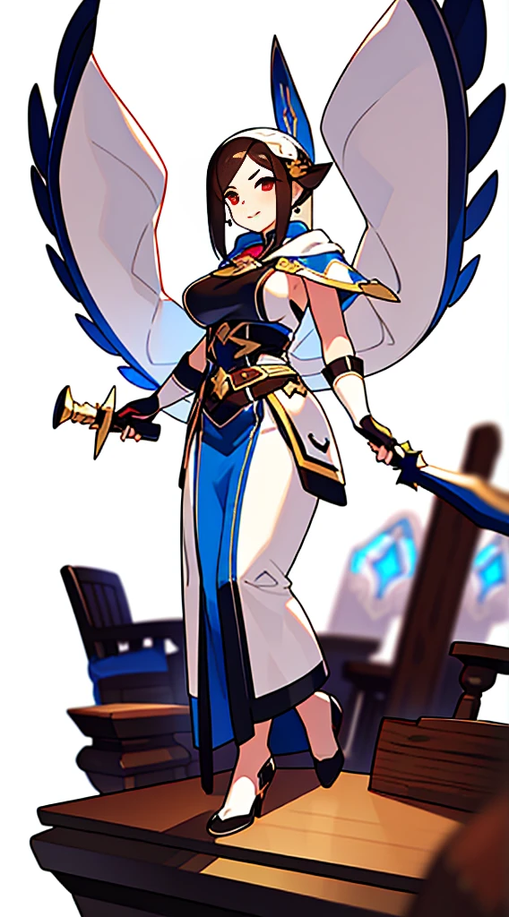 solo female, (((blurry background, white background))), character focus, fantasy clothes, standing, character design, librarian