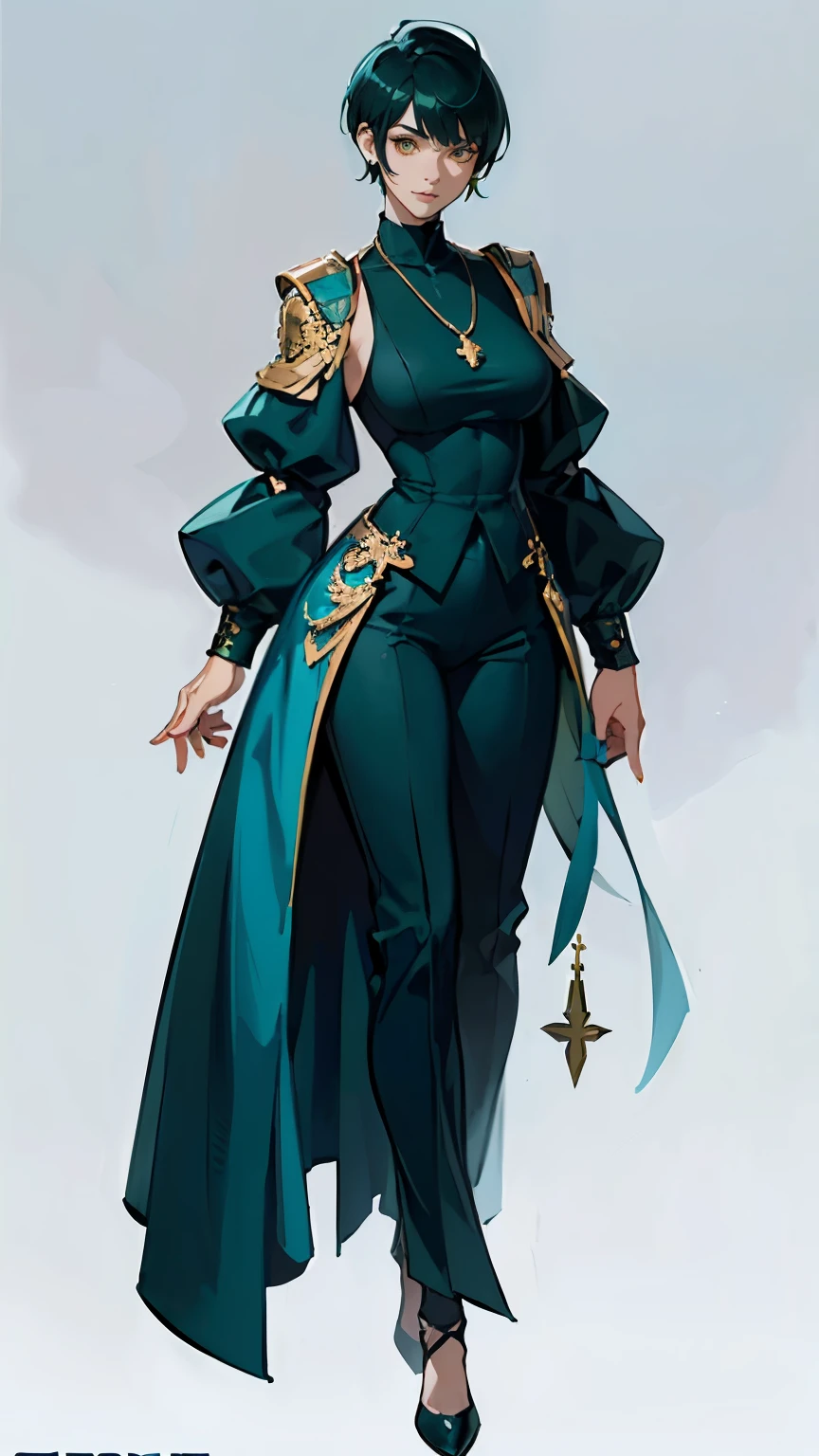 ((masterpiece,best quality,8k,highres)),((character concept art)), 1 female, young adult female, Cult Priest, 170 cm height, extreme short pixie cut hairstyle ((tomboy hairstyle)), (dark green hair colour), ultra finely detailed eyes (yellow eyes colour), extraordinary gorgeous, charming, smirk smile, small breasts, hourglass body shape ((muscular)), ((intricate detail)), super finely detailed hands, ultra finely detailed fingers(((ten fingers))), Cult Priest office suit (blue outfit colour), long pants, black high heels, earrings, necklace, (standing still), (full body showcase), (show full body), (no logos on background), (no logo), ((plain background)), ((plain background)), (((empty background)))