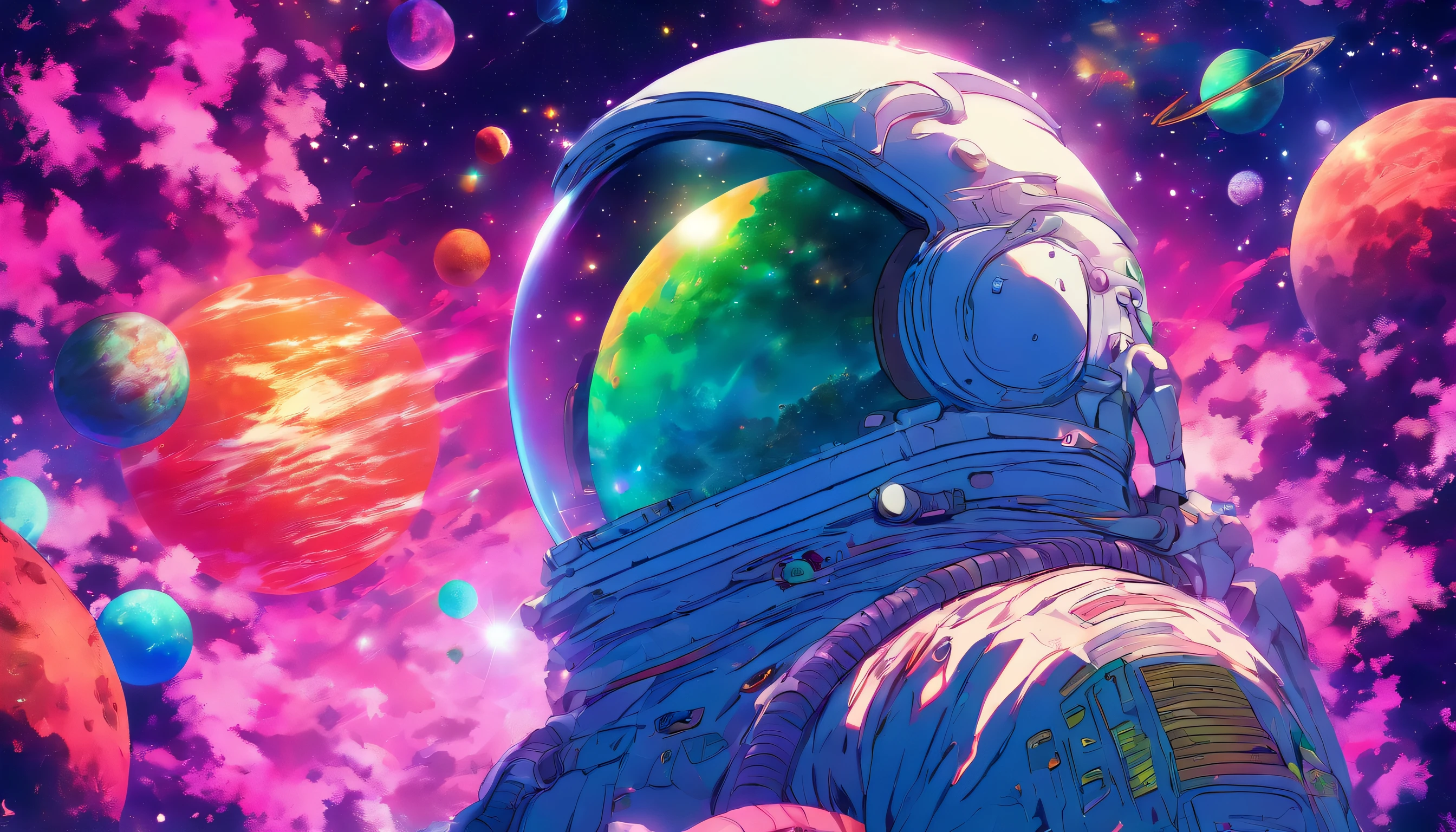 HD details, Close-up of a man in a spacesuit, planets in the background, psychedelic cosmic horror, psychedelic illustrations, cosmic space, plants growing, The world of psychosis, Background space graphic art, Cosmic illustration, cosmic space, cosmic lsd poster art, dmt space behind, Space scene, Surreal space, Cosmic style