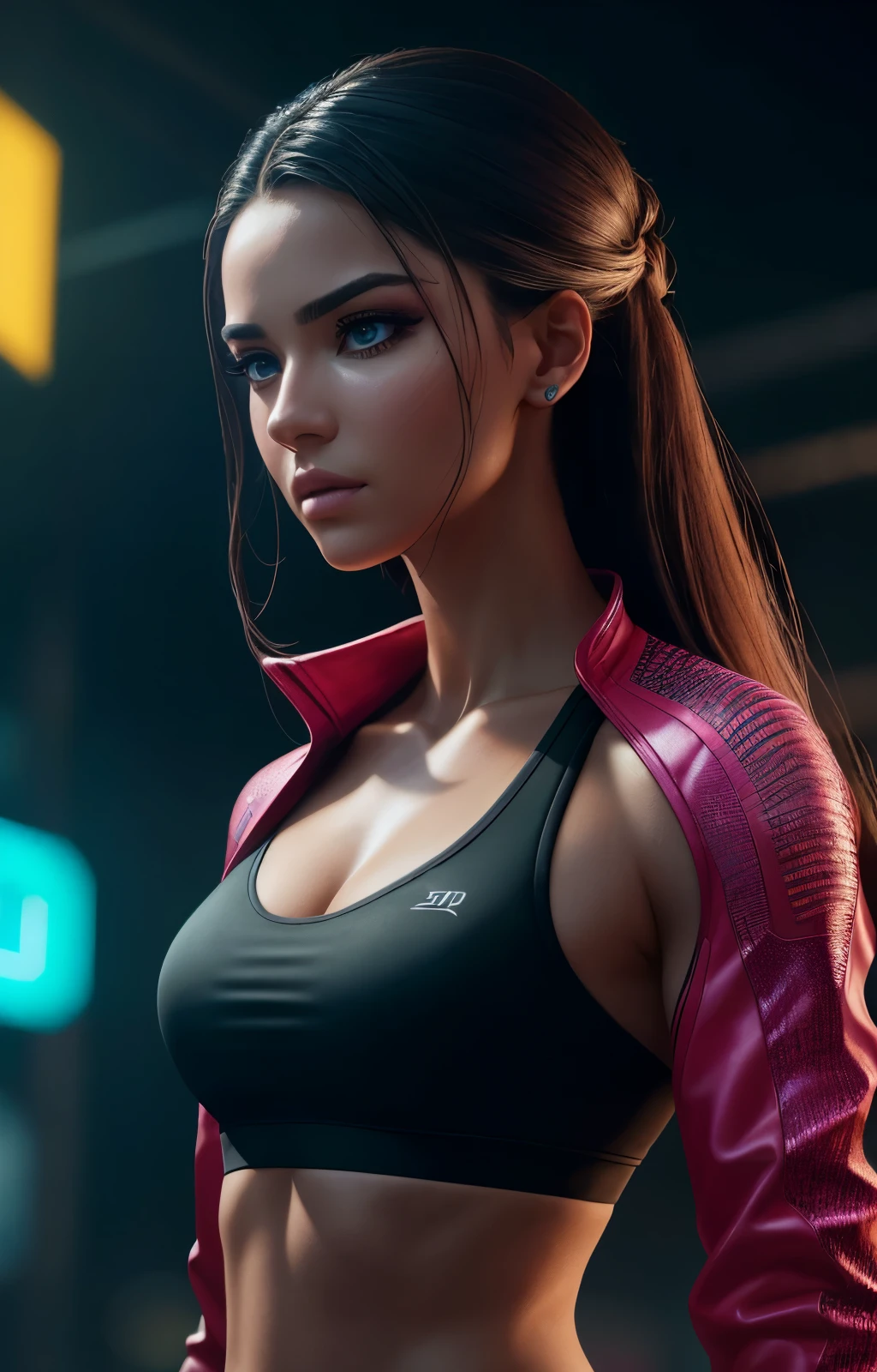 A realistic sports figure wearing a sleek, fitted sports bra and matching jacket, detailed with intricate lines and textures, in a cyberpunk environment of neon lights and 1.2 aspect ratio. Makeup enhancing her youthful features, with a bold, 1.4:1 close-up reveal, highlighting the best quality masterpiece of her detailed face, eyes, and hair, each strand meticulously rendered in sharp focus using a 50mm F1.2 lens on the EOS R8. The young woman stands confidently against a complex background, bathed in vibrant, high-definition 8K lighting, emphasizing every minute detail in this realistic, stunning portrait. (
