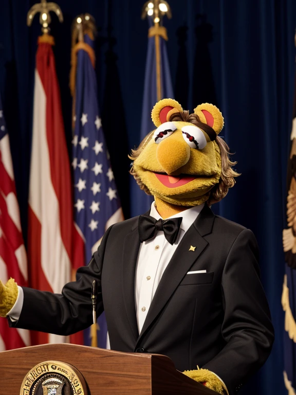 muppet , photography, photo of muppet, suit, 1 muppet, muppet focus,muppet:1.5, president, giving a speech to reports