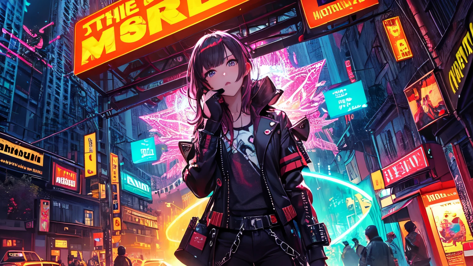 (masterpiece、top-quality、top-quality、Official art、ighly detailed、Beautifully Aesthetic:1.2)、(1girl in)、(Fractal Art:1.3)、Random hairstyle、Random hair color colorful、FULL BODYSHOT、(CyberpunkTThe shirt)、animesque、head-mounted displays、neon light detail、Intuitive、City of the Future、sharp、Precise focus、randome pose、cyberpunkcity、street neon lights、insta photo、photo of the year、cinema4d、Dramatic、