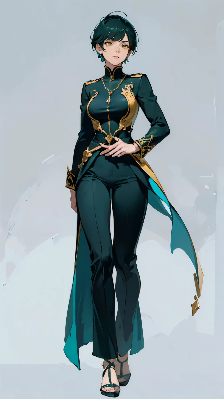 ((masterpiece,best quality,8k,highres)),((character concept art)), 1 female, young adult female, Cult Priest, 170 cm height, extreme short pixie cut hairstyle ((tomboy hairstyle)), (dark green hair colour), ultra finely detailed eyes (yellow eyes colour), extraordinary gorgeous, charming, smirk smile, small breasts, hourglass body shape ((muscular)), ((intricate detail)), super finely detailed hands, ultra finely detailed fingers(((ten fingers))), Cult Priest office suit (blue outfit colour), long pants, black high heels, earrings, necklace, (standing still), (full body showcase), (show full body), (no logos on background), (no logo), ((plain background)), ((plain background)), (((empty background)))