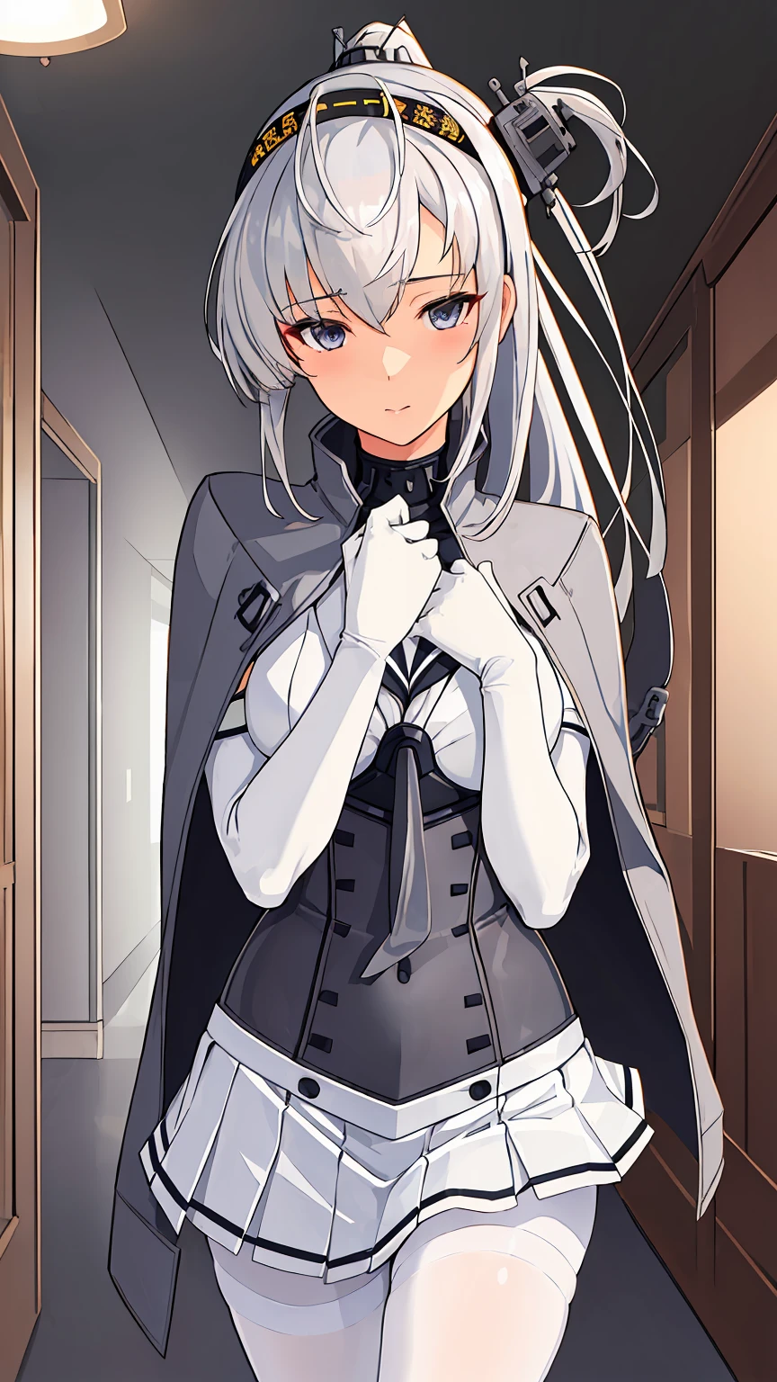 (masterpiece), (best quality), (ultra-detailed), photorealistic, (best illustration), (an extremely delicate and beautiful), 1girl, solo,(KanColle Suzutsuki) somewhat narrow eyes  ponytail  silver hair Very Fine Eyes Very Fine Face、Insanely detailed body、Extremely fine skin, very elaborate hair ornament, Precisely shaped body and hands White clothes Black corset Gray jacket White tights White innerwear white skirt (Littleskinexposure)  A hallway in a house