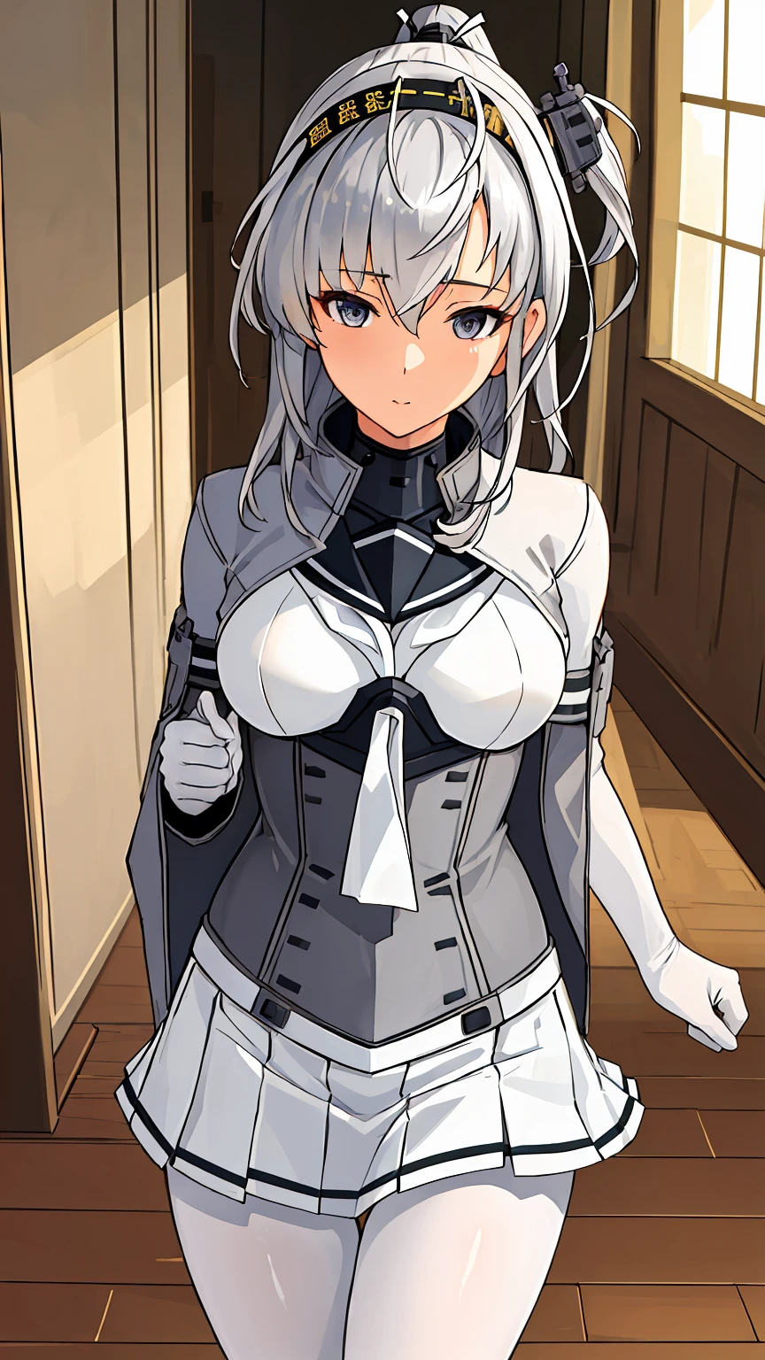 (masterpiece), (best quality), (ultra-detailed), photorealistic, (best illustration), (an extremely delicate and beautiful), 1girl, solo,(KanColle Suzutsuki) somewhat narrow eyes  ponytail  silver hair Very Fine Eyes Very Fine Face、Insanely detailed body、Extremely fine skin, very elaborate hair ornament, Precisely shaped body and hands White clothes Black corset Gray jacket White tights White innerwear white skirt (Littleskinexposure)  A hallway in a house