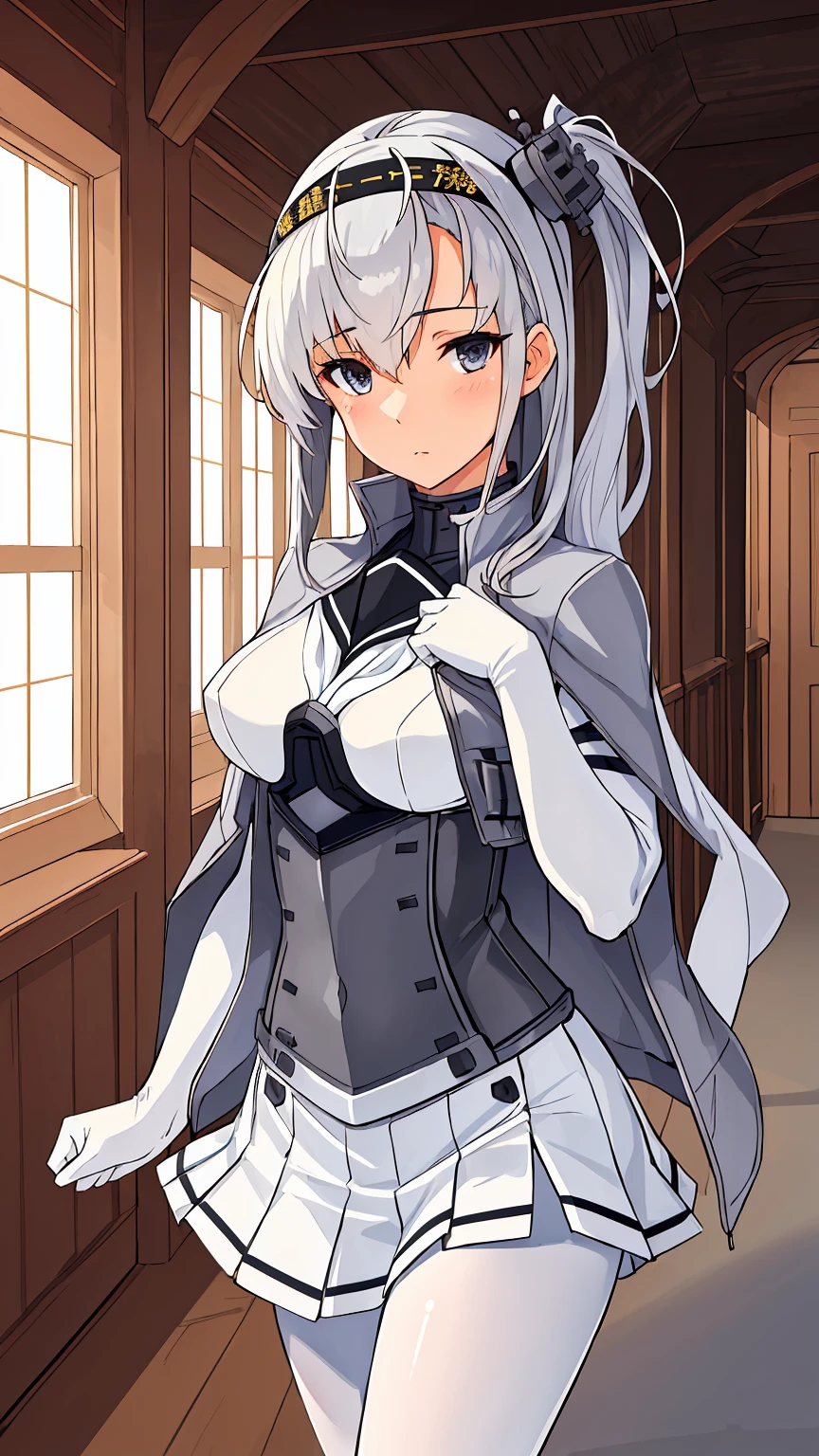 (masterpiece), (best quality), (ultra-detailed), photorealistic, (best illustration), (an extremely delicate and beautiful), 1girl, solo,(KanColle Suzutsuki) somewhat narrow eyes  ponytail  silver hair Very Fine Eyes Very Fine Face、Insanely detailed body、Extremely fine skin, very elaborate hair ornament, Precisely shaped body and hands White clothes Black corset Gray jacket White tights White innerwear white skirt (Littleskinexposure)  A hallway in a house