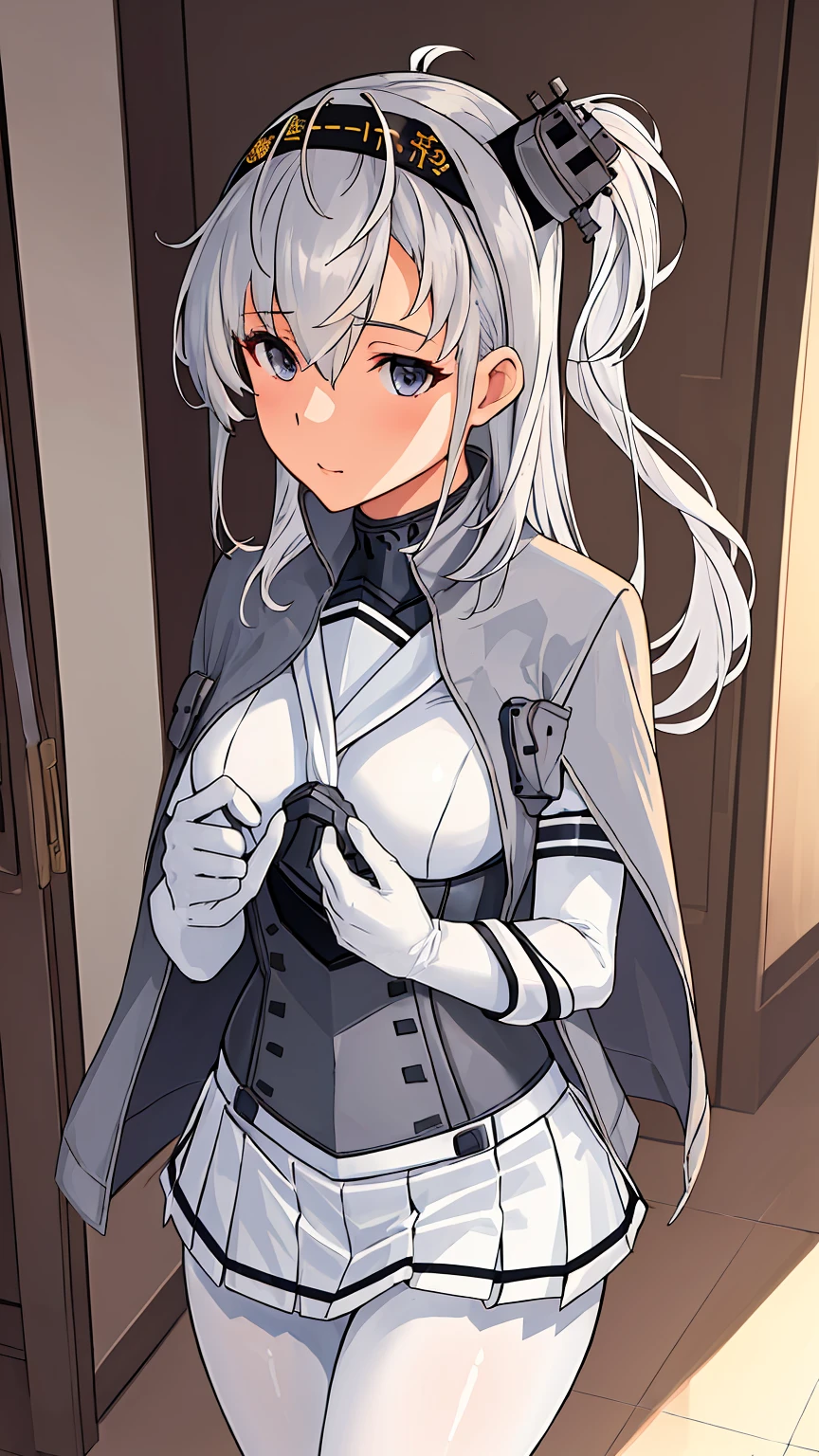 (masterpiece), (best quality), (ultra-detailed), photorealistic, (best illustration), (an extremely delicate and beautiful), 1girl, solo,(KanColle Suzutsuki) somewhat narrow eyes  ponytail  silver hair Very Fine Eyes Very Fine Face、Insanely detailed body、Extremely fine skin, very elaborate hair ornament, Precisely shaped body and hands White clothes Black corset Gray jacket White tights White innerwear white skirt (Littleskinexposure)  A hallway in a house