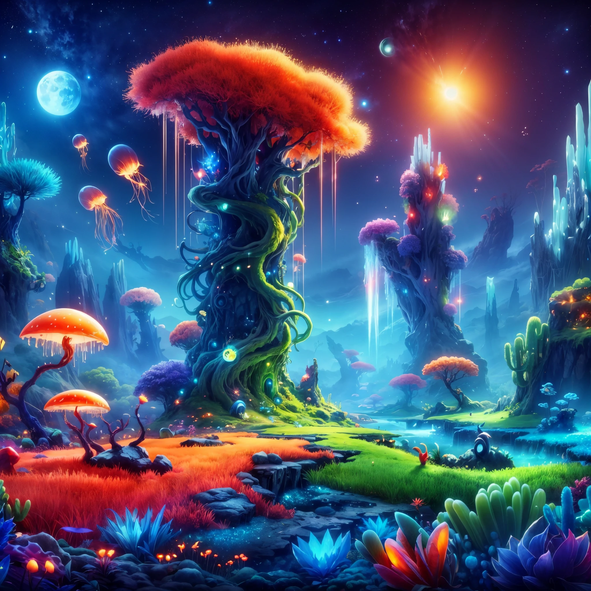 Ori and the blind forest game style,ultra-detailed, alien landscape, strange-looking trees, vibrant red grass, blue cactus,green aurora, floating jellyfish,orange starry sky, natural giant piercing crystal pillar,ethereal blue leaves, giant and yellow bioluminescent mushrooms, a captivating  lava line, unique hybrid flowers, two radiant suns, and mesmerizing red fireflies 