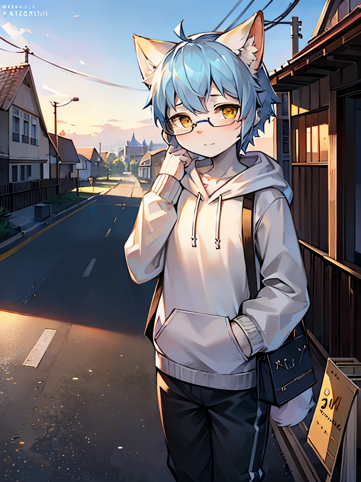 8k, high quality, high resolution, detailed background, masterpiece, (by mochiri_work), ((solo, short cat, white cat, femboy, light sky blue hair, yellow eyes)), (white hoodie, black pants, labs glasses, labs glasses on head, white headphone on neck, bag side of waist), fluffy tail, bored eyes, no smile, looked at camera, hand in hood pocket, background(new house, american house style side of road, long road, daytime, city far away), ultra detailed background, 8k resolution