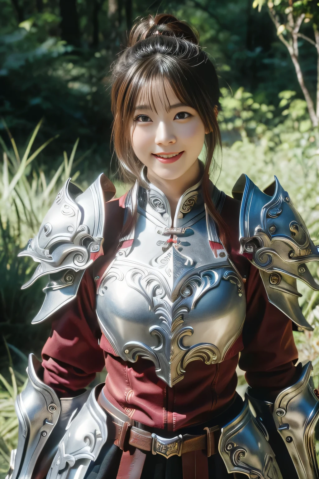 Chinese female general Hua Mulan,reddish brown leather armor,Silver scale metal shoulder pads,Silver metal heavy armor,battlefield background,hand weapon,majestic,Smile(open mouth)(The corners of the mouth are raised),Leather tunic,Knee pads,eight clones,sunshine on face,,Bundle hair(silver metal headband),Hair bun raised high。Wild forest background