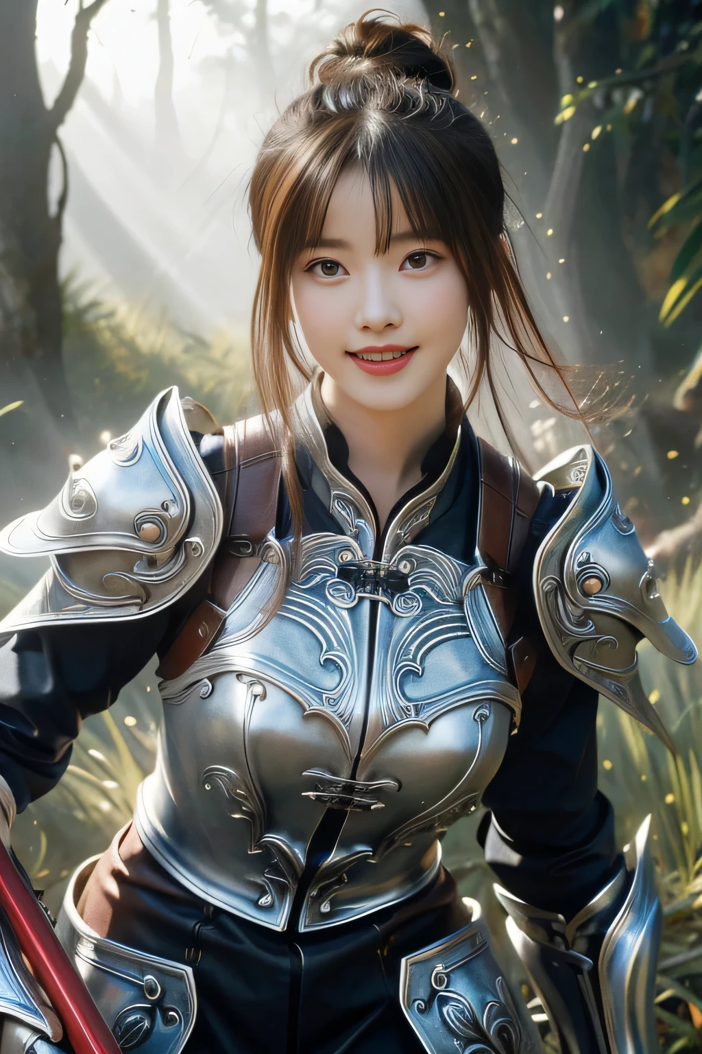 Chinese female general Hua Mulan,reddish brown leather armor,Silver scale metal shoulder pads,Silver metal heavy armor,battlefield background,hand weapon,majestic,Smile(open mouth)(The corners of the mouth are raised),Leather tunic,Knee pads,eight clones,sunshine on face,,Bundle hair(silver metal headband),Hair bun raised high。Wild forest background