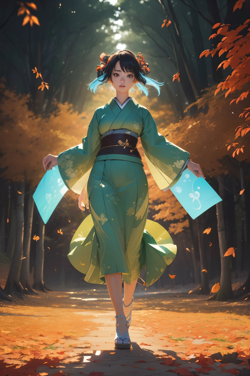 (Extremely detailed 32k ultra HD wallpaper:2), (wide angle shot:1.5), (Japanese woman:1), (wearing a leaves designed dress:1), (standing in the middle of the forest:1), (a heavy wind blowing leaves all surrounding her:1), (night time:1), (neon leaves lighting the scene:1), (artgerm style:1), (unreal engine rendered:1), hyper-realistic image:2),
(Gorgeous Japanese woman:1.5), (dressed in leaves design:1), (posingly standing in the forest:1), (amidst falling leaves:1), (under the influence