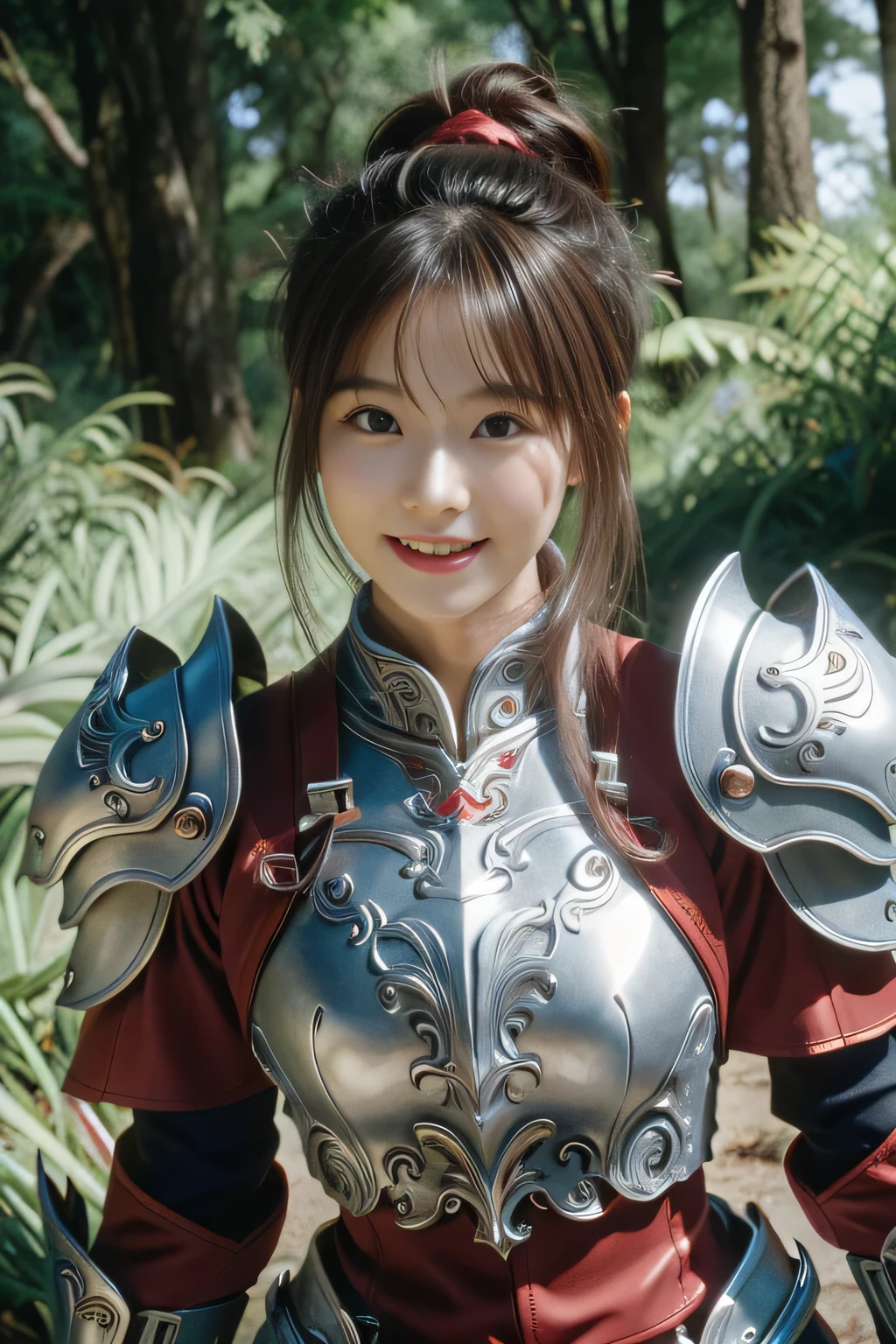 Chinese female general Hua Mulan，reddish brown leather armor，Silver scale metal shoulder pads，Silver metal heavy armor，battlefield background，hand weapon，majestic，Smile（open mouth）（The corners of the mouth are raised），Leather tunic，Knee pads，eight clones，sunshine on face，，Bundle hair（silver metal headband），Hair bun raised high。Wild forest background