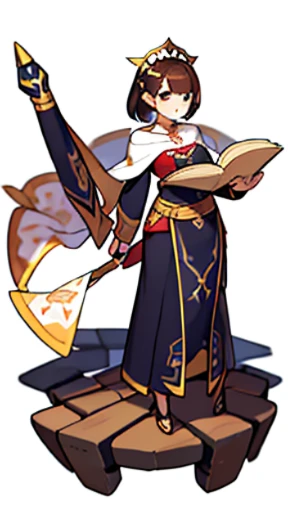 solo female, (((blurry background, white background))), character focus, fantasy, standing, character design, librarian,