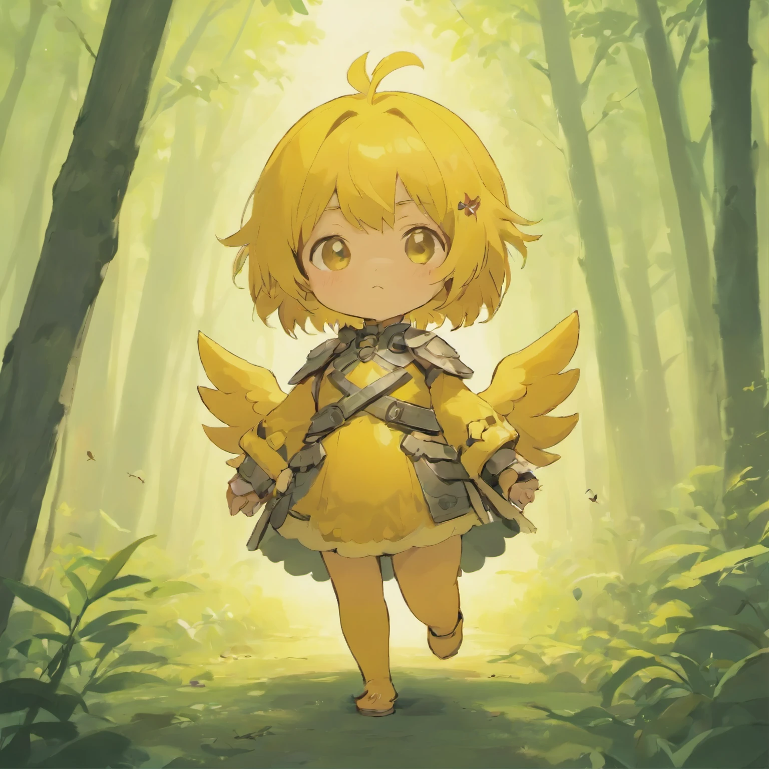 Little yellow chick, baby chicken, armor, cute chibi in the Forest
