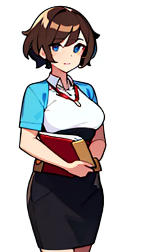 solo female,  (((blurry background, white background))), character focus, librarian, standing, character design, 
