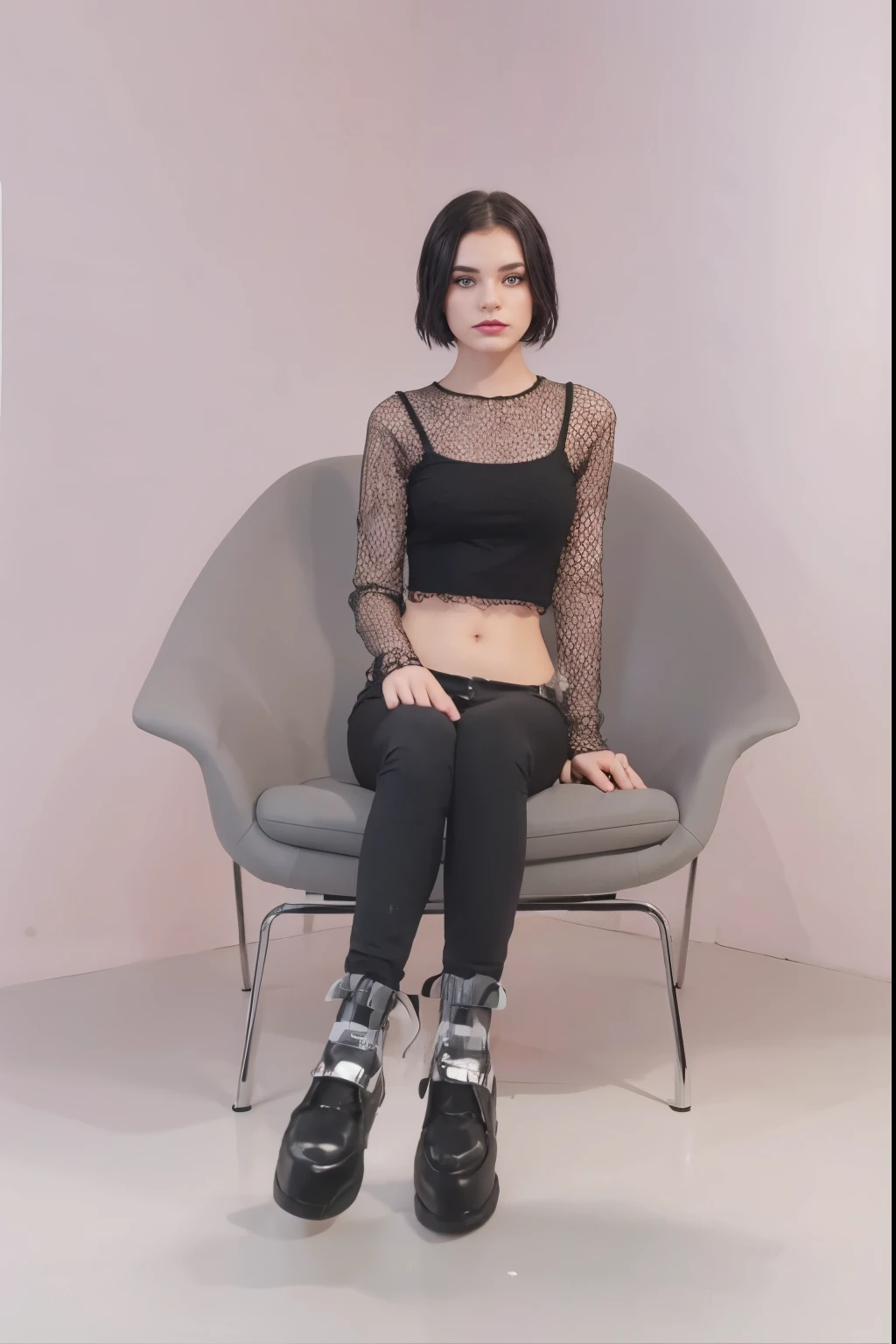 Cute model posing in chair with goth esthetic 